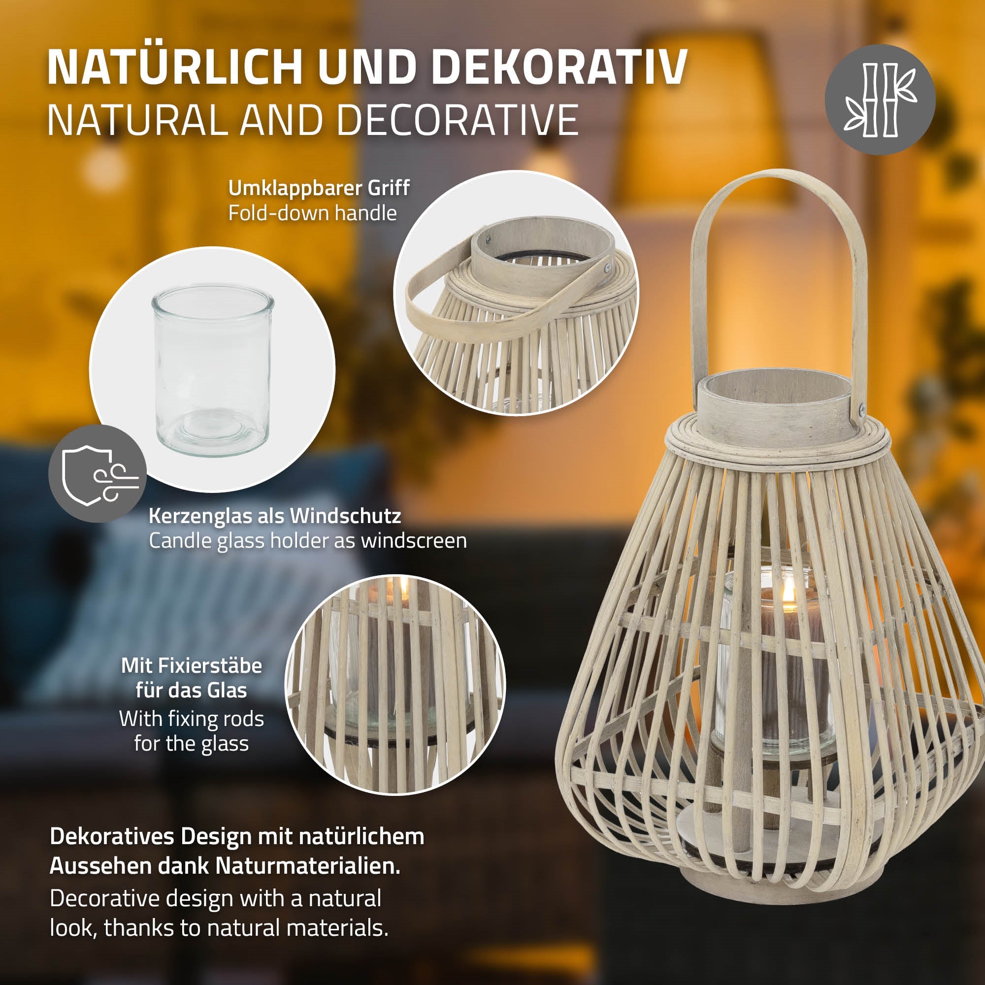 ECD Germany Garten lanterne bambou 42,5cm verre vent boho