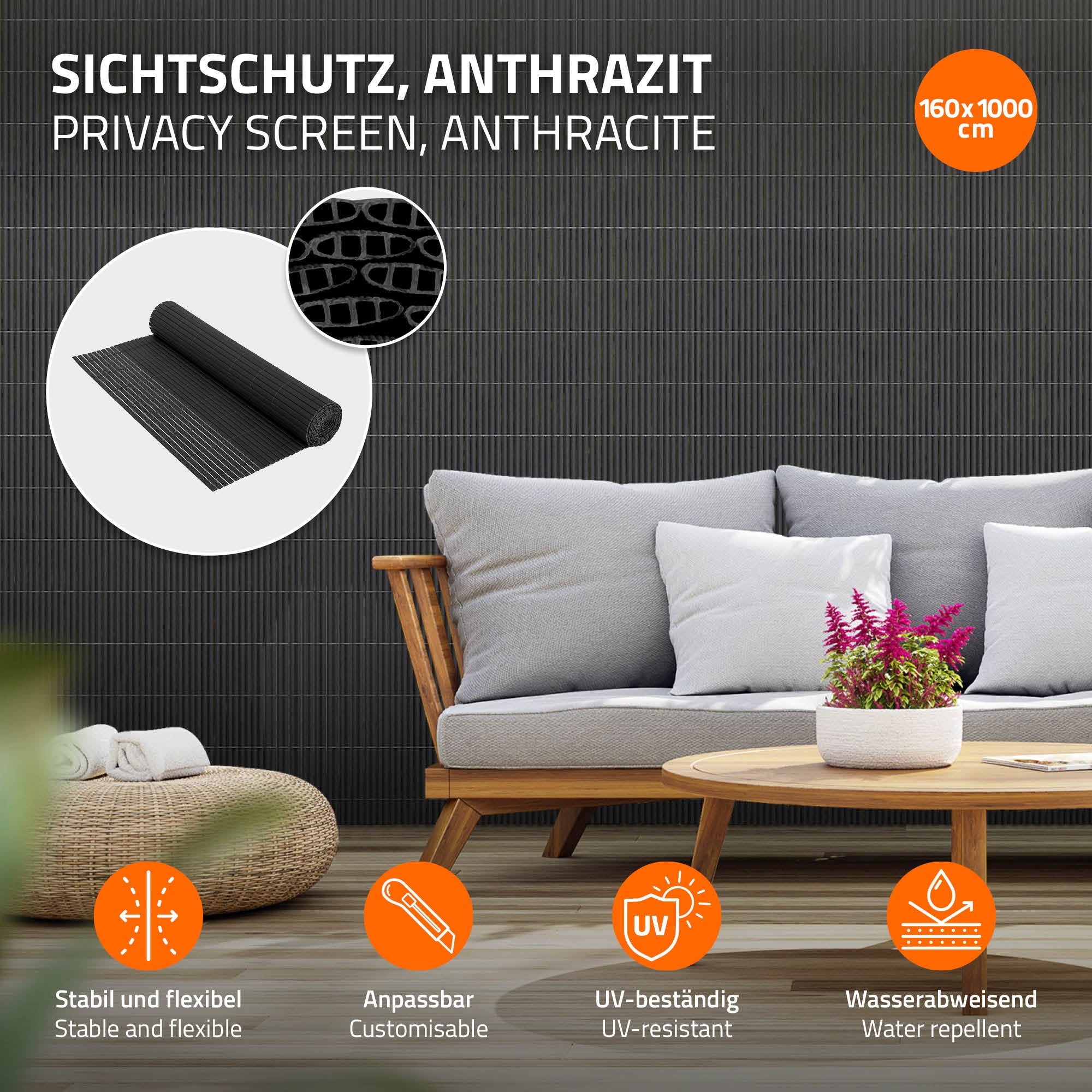 ECD Germany Garten brise-vue PVC anthracite 160x1000 cm opaque