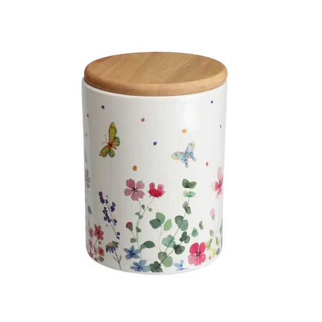 Déclic Home pot céramique fleurs couvercle bois 11 cm motif floral