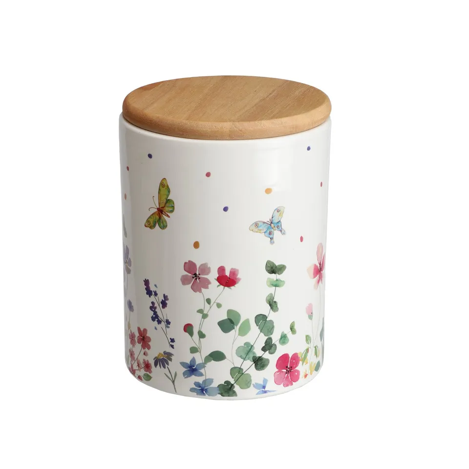 Déclic Home pot céramique fleurs couvercle bois 11 cm motif floral