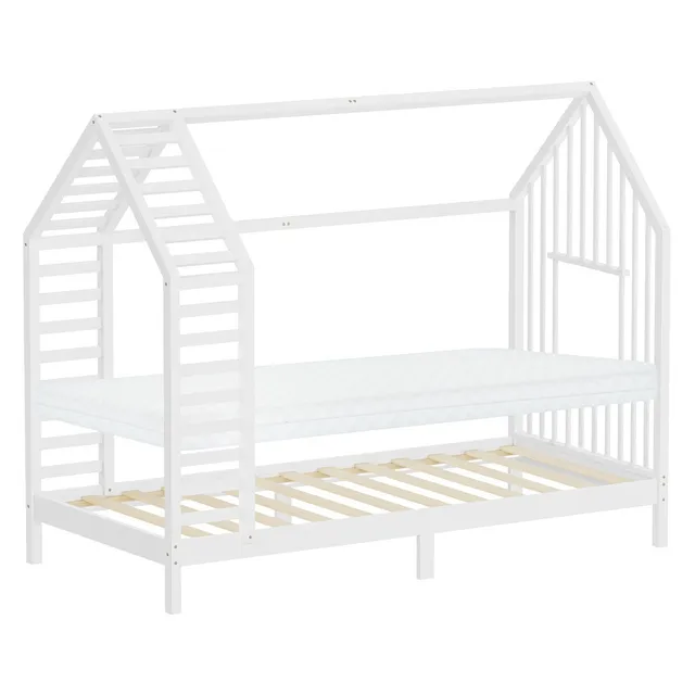 ECD Germany Kinder lit cabane 90x200 cm blanc avec matelas