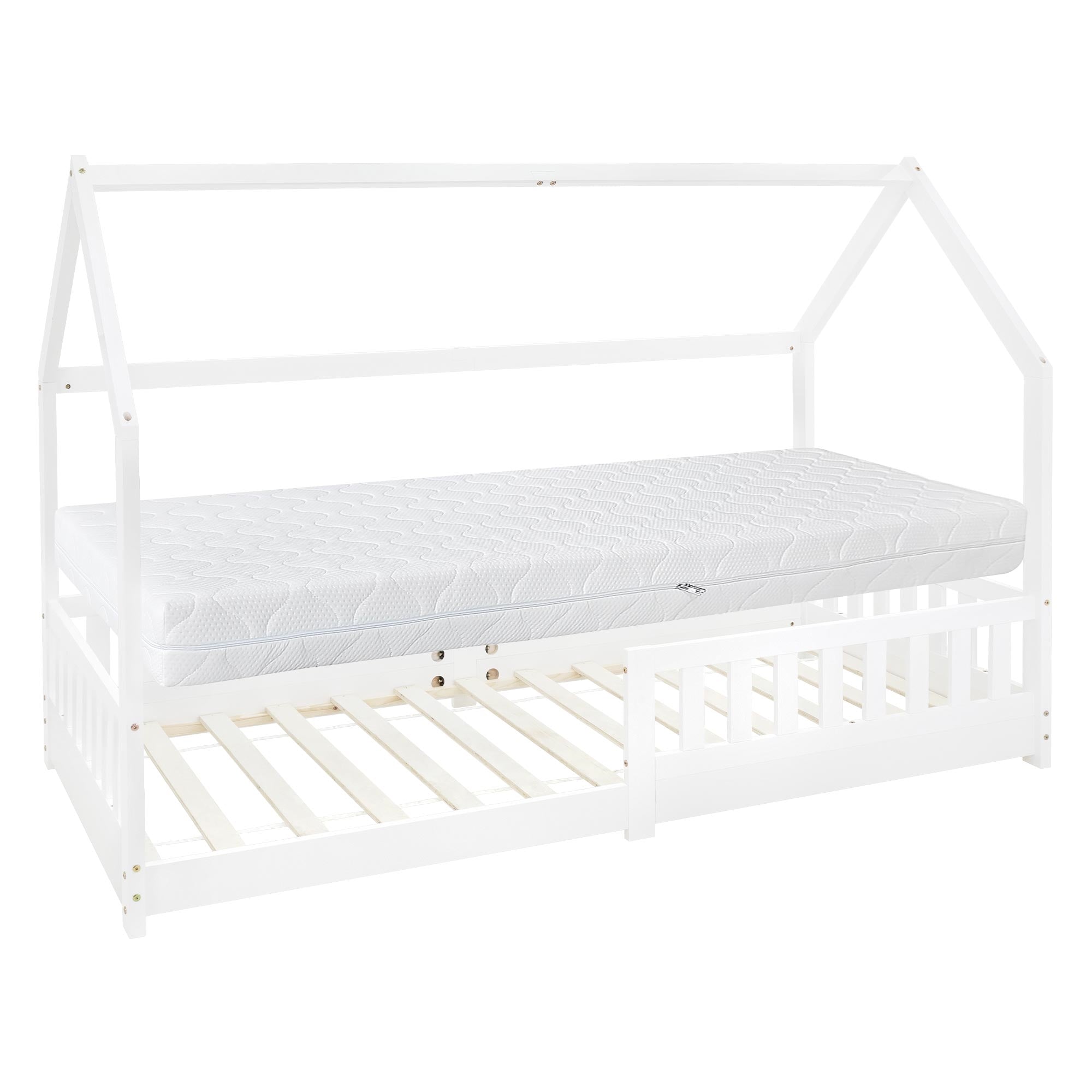 ECD Germany Kinder lit cabane 90x200 blanc + matelas 16cm