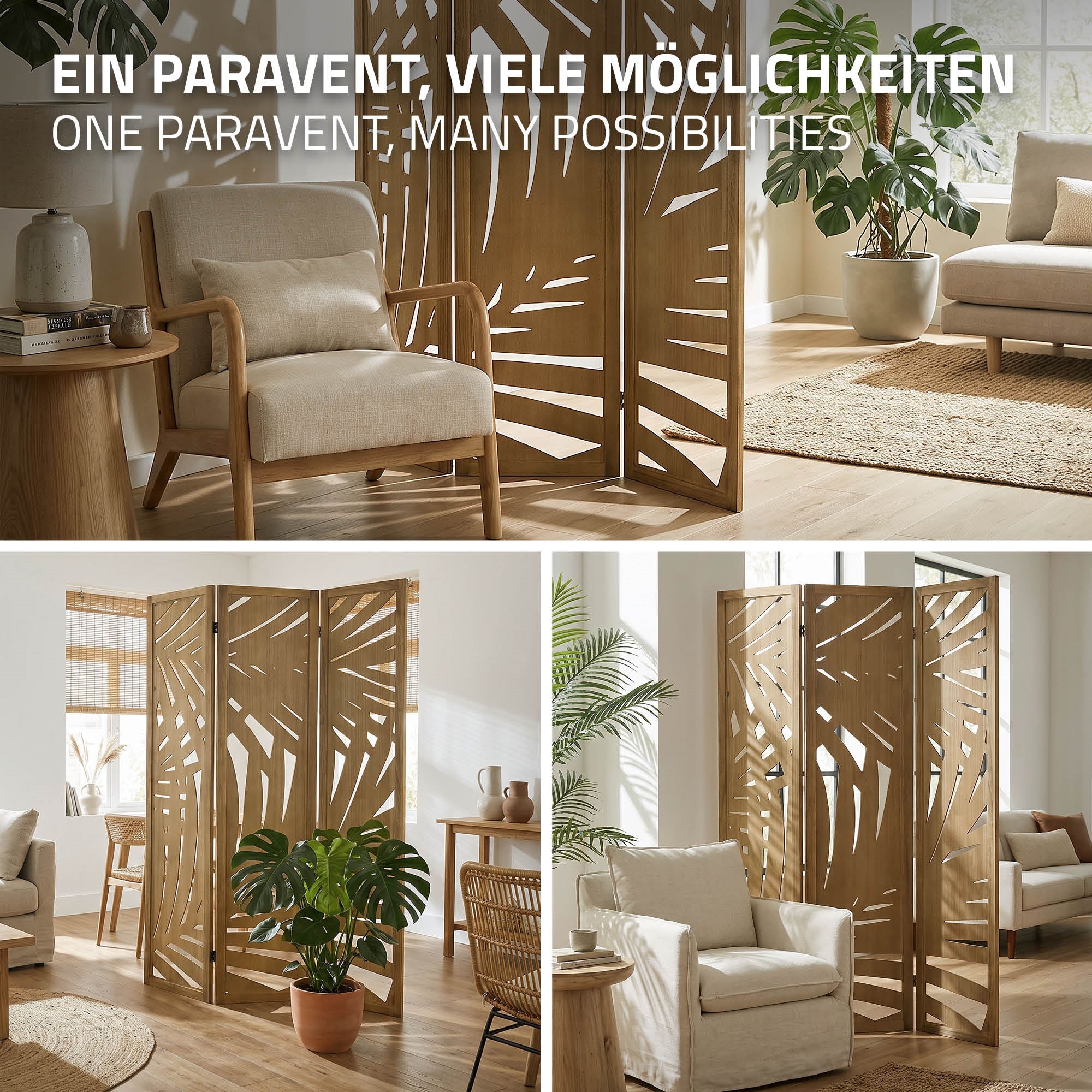 ECD Germany Sapporo Paravent bois 170x121 cm marron 3 pans