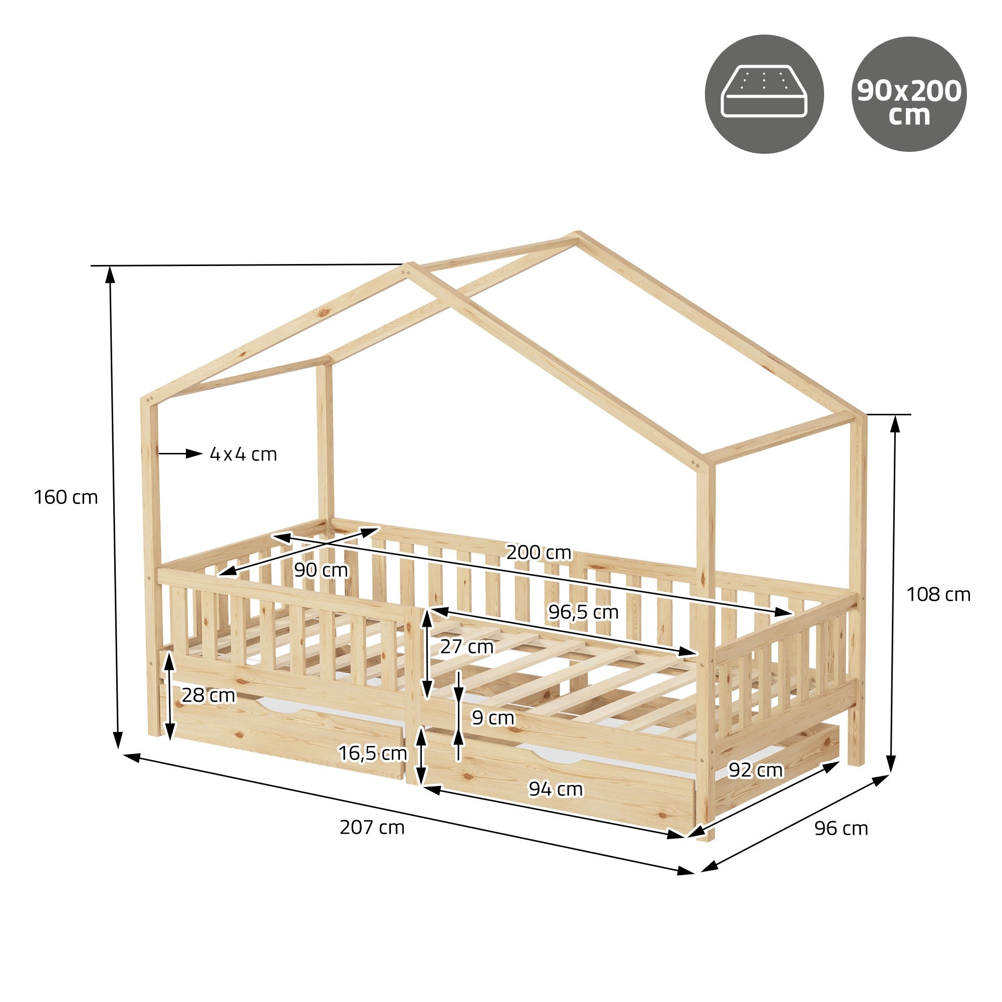 ECD Germany Lit cabane enfant nature 90x200 + 2 tiroirs
