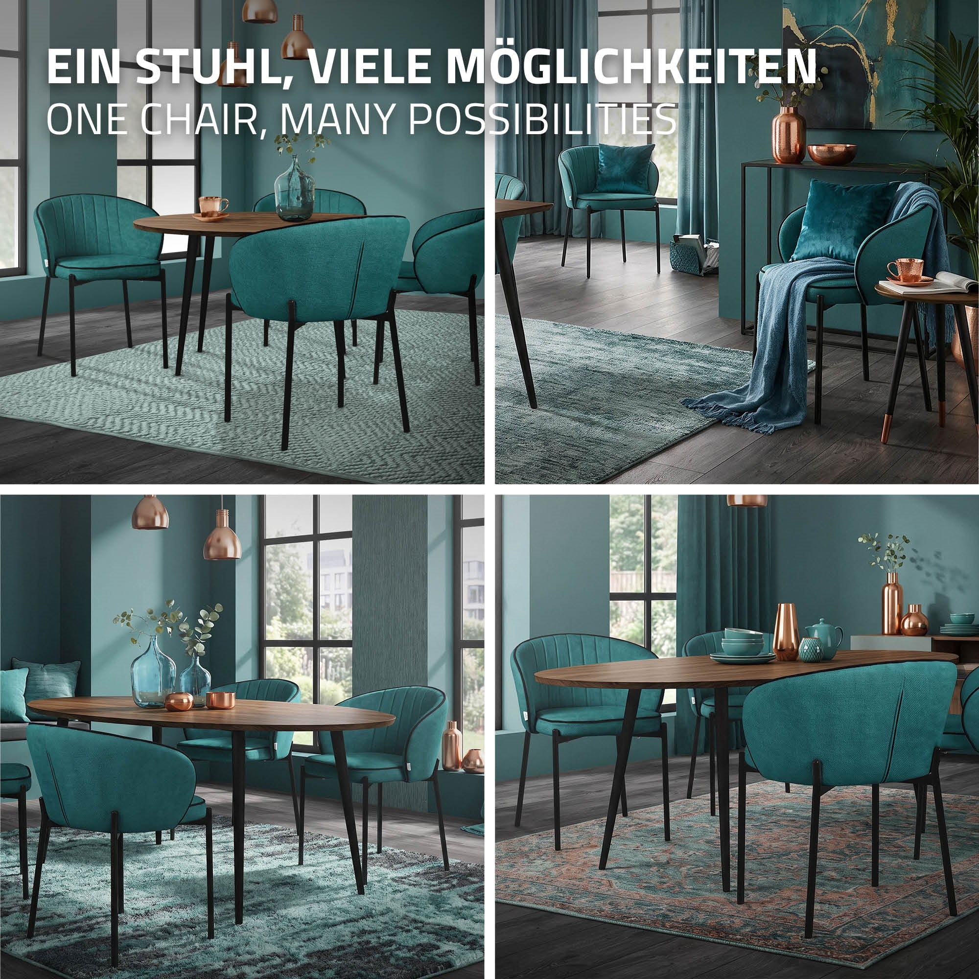 ECD Germany Chaise salle à manger Pétrole Tissu Lot de 2 120 kg