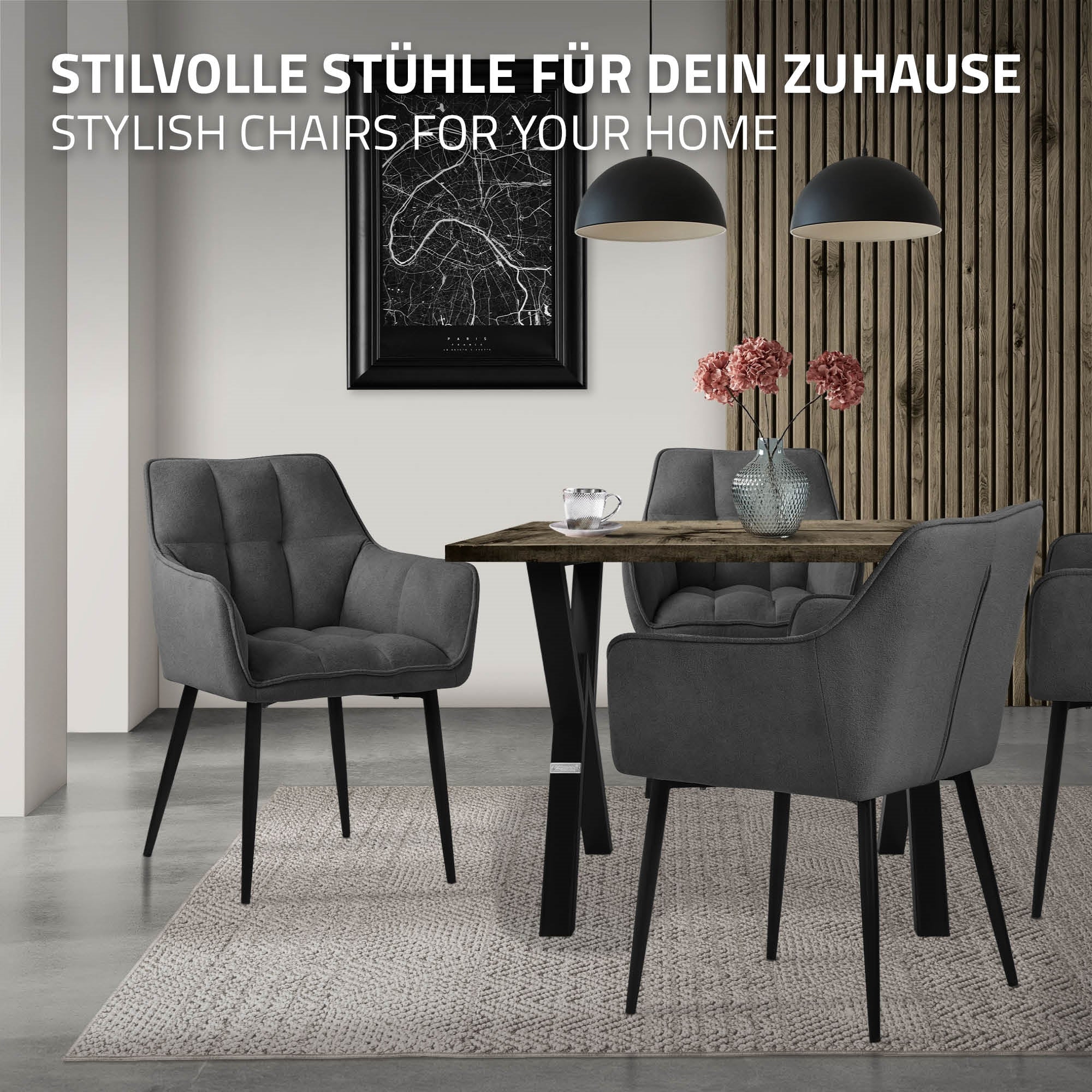 ECD Germany Möbel Chaise salle à manger gris foncé tissu bouclette