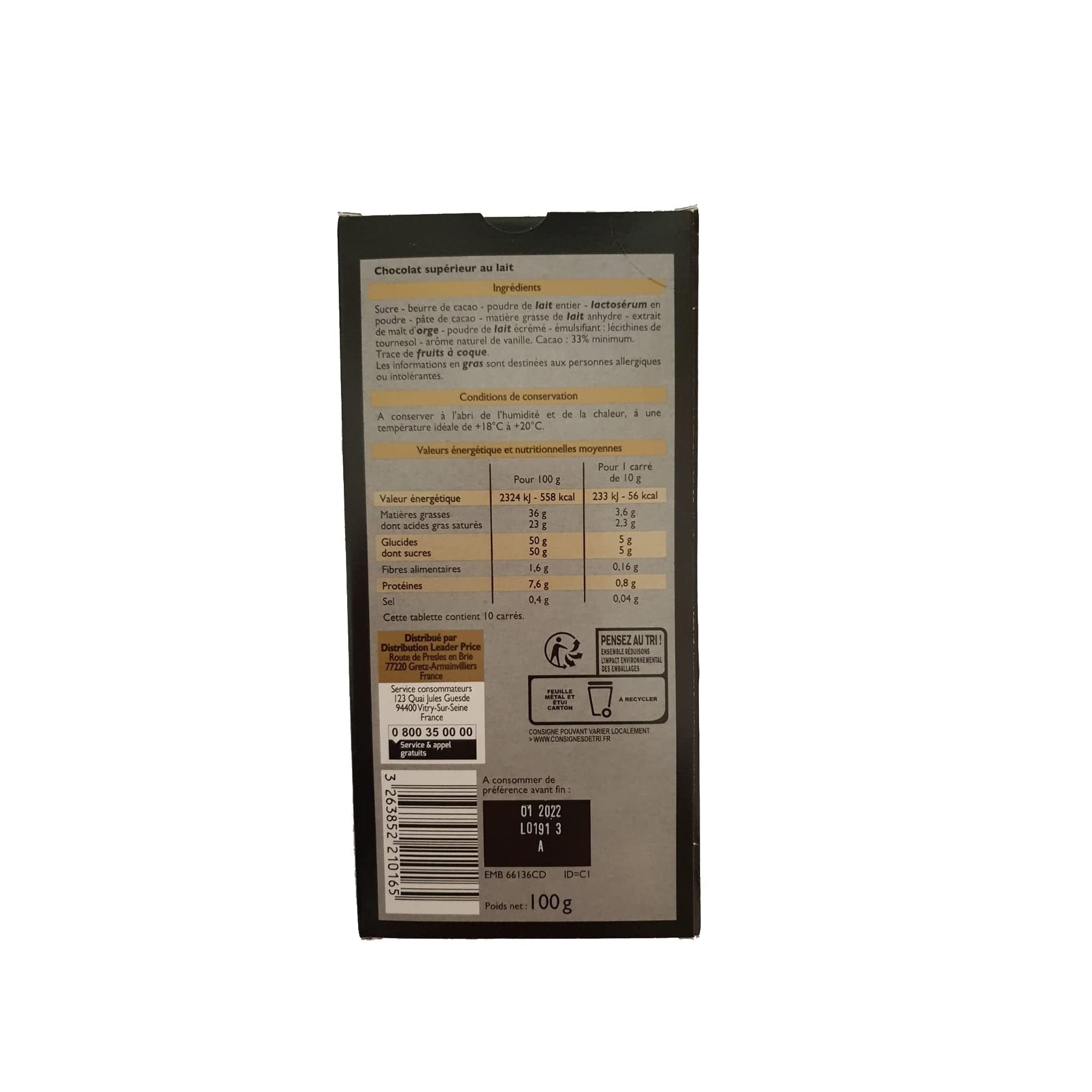 Leader Price Chocolat dégustation lait 100g tablette