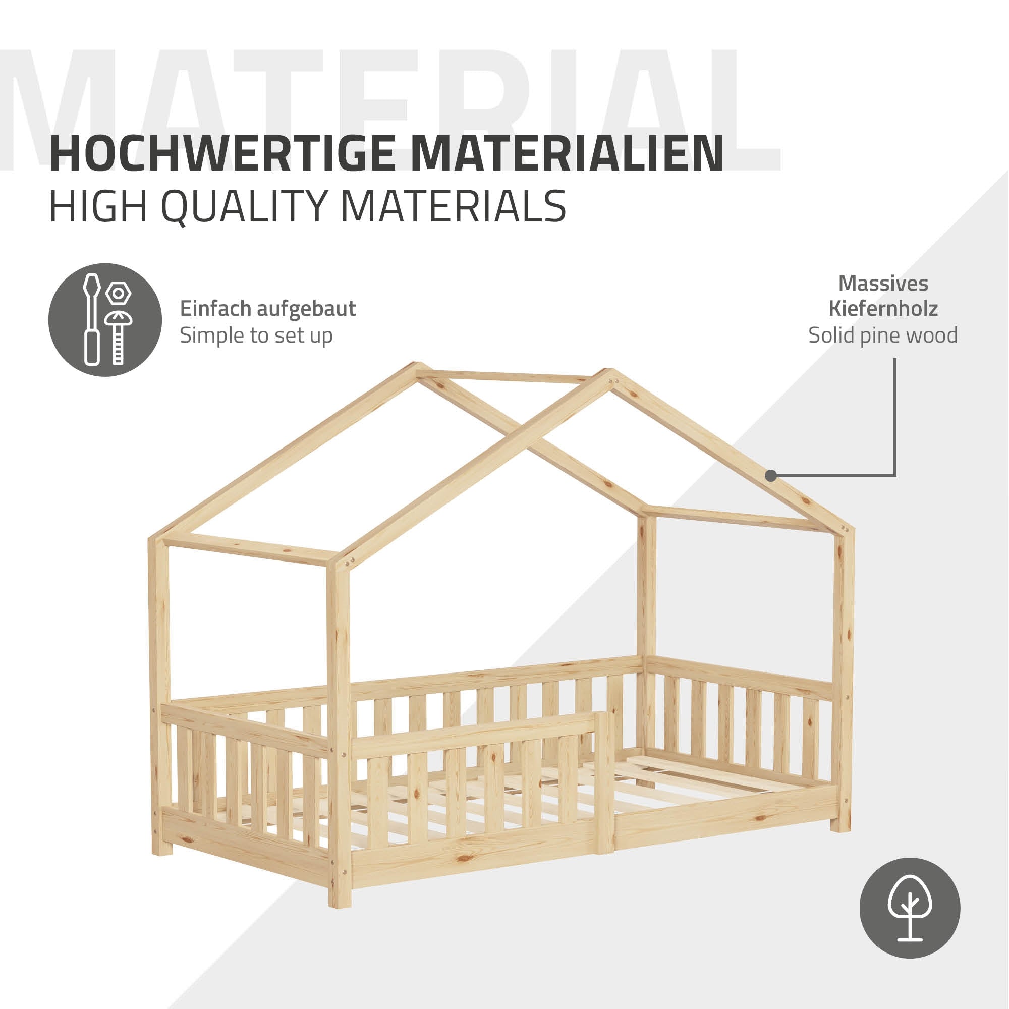 ECD Germany Kinder lit cabane 80x160 nature pin sommier