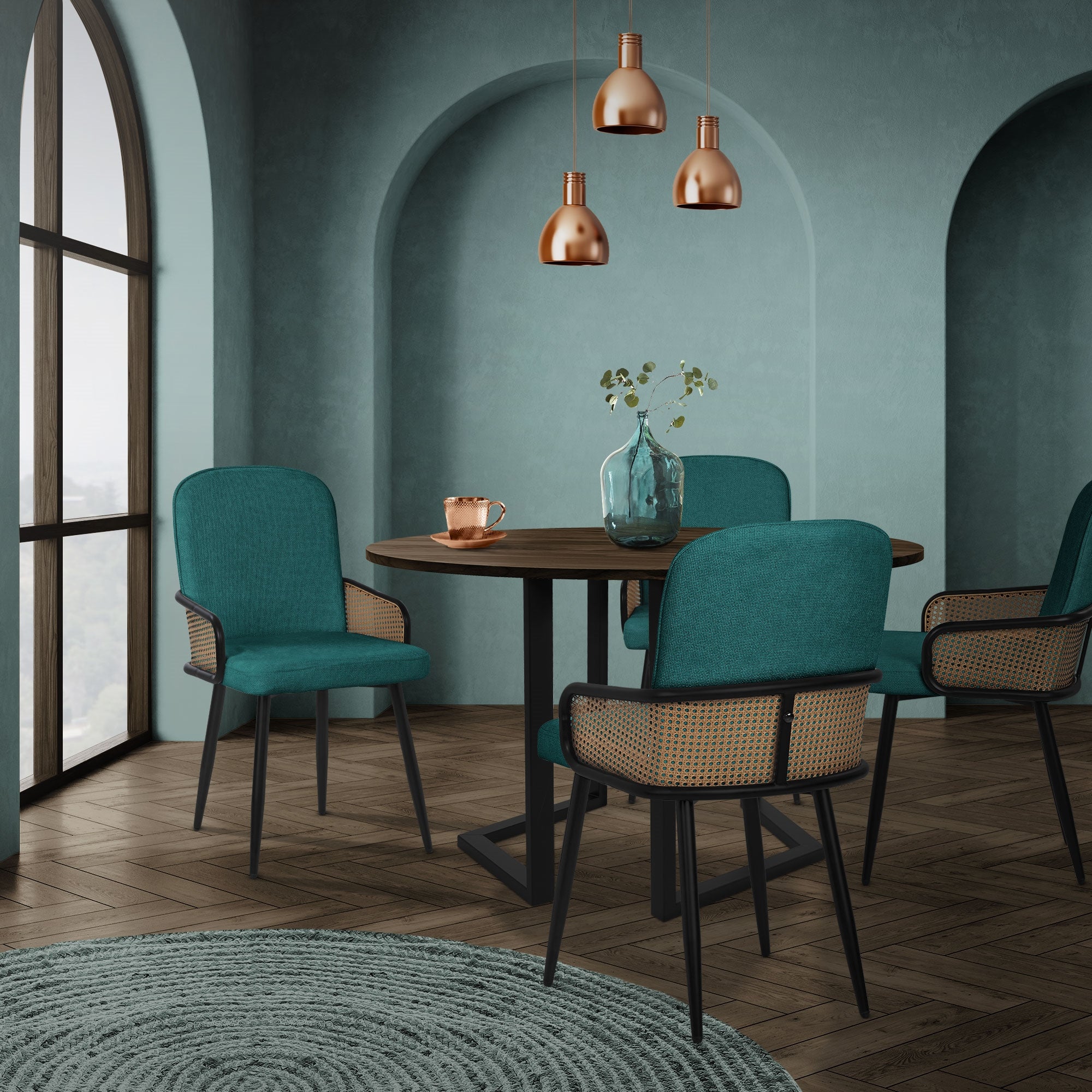 ECD Germany ML-Design chaises salle à manger pétrole lot 4 tissu rotin