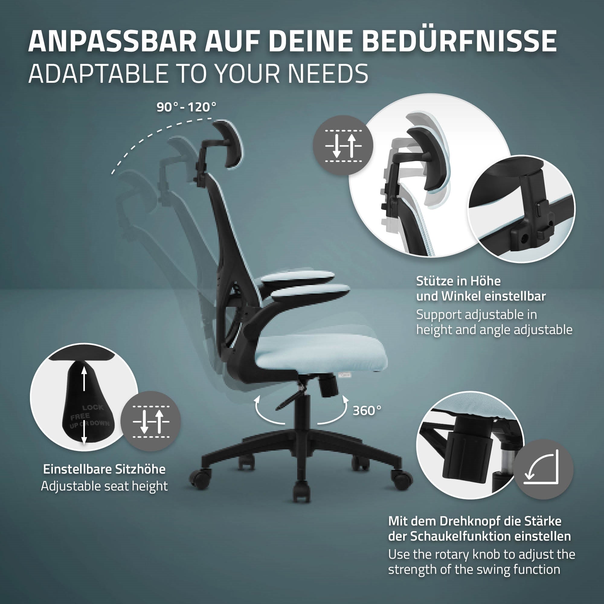 ECD Germany ML-Design chaise de bureau bleu maille appui-tête