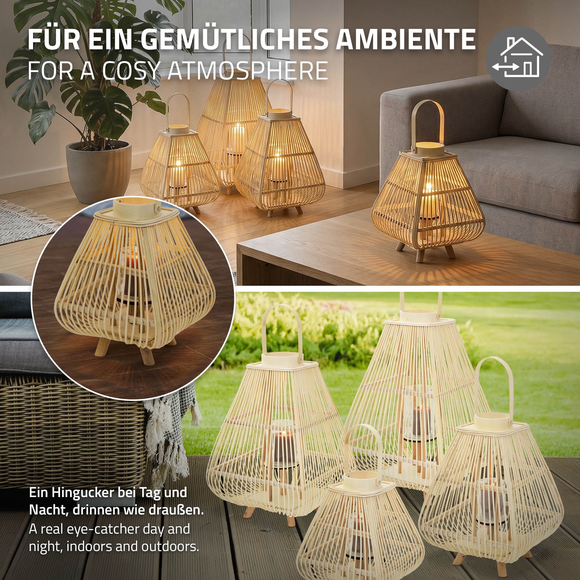 ECD Germany Garten lanterne bambou 45,5 cm photophore verre