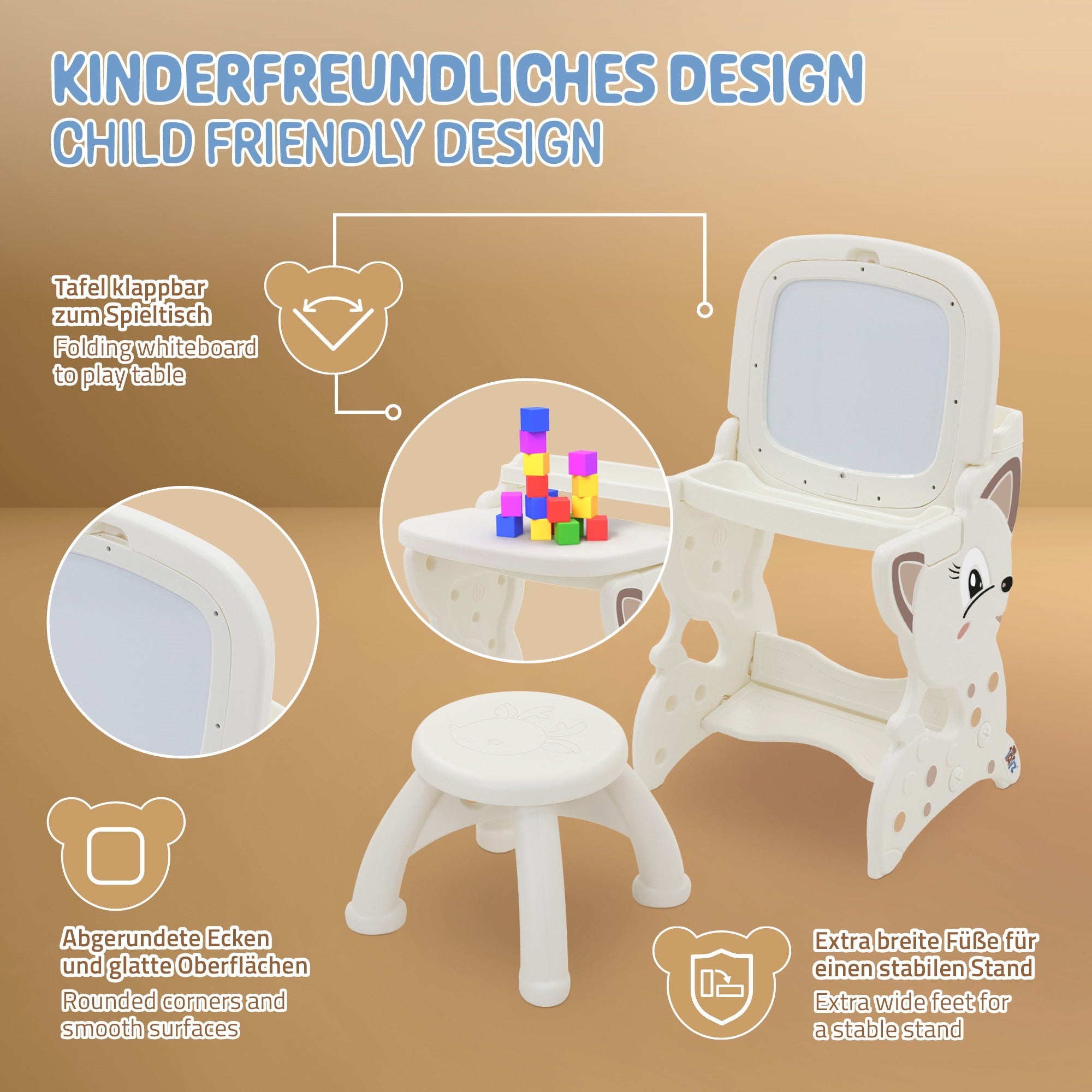 Joyz table enfant 3 en 1 blanche avec tabouret et accessoires