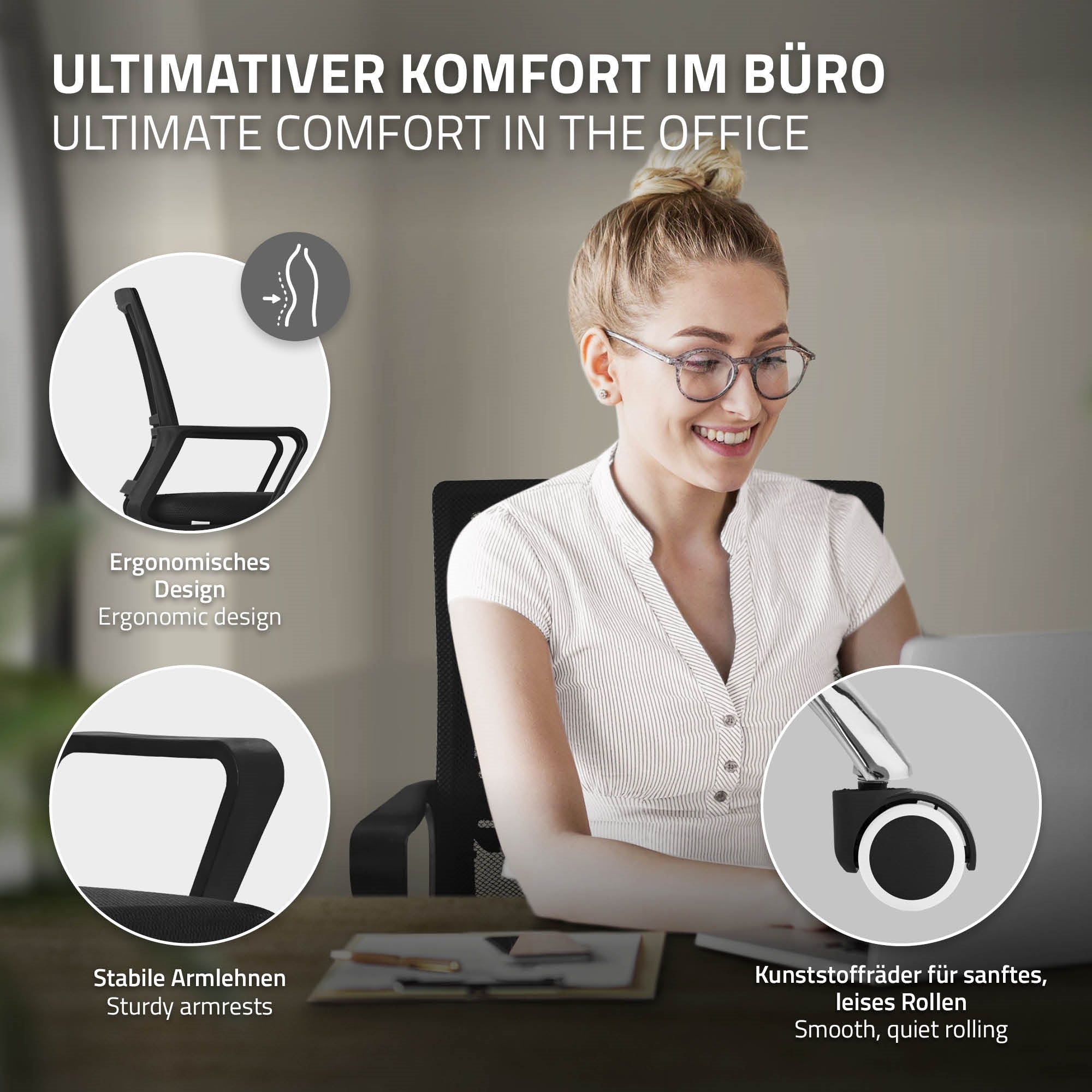 ECD Meubles ML-Design chaise bureau noire réglable avec accoudoirs