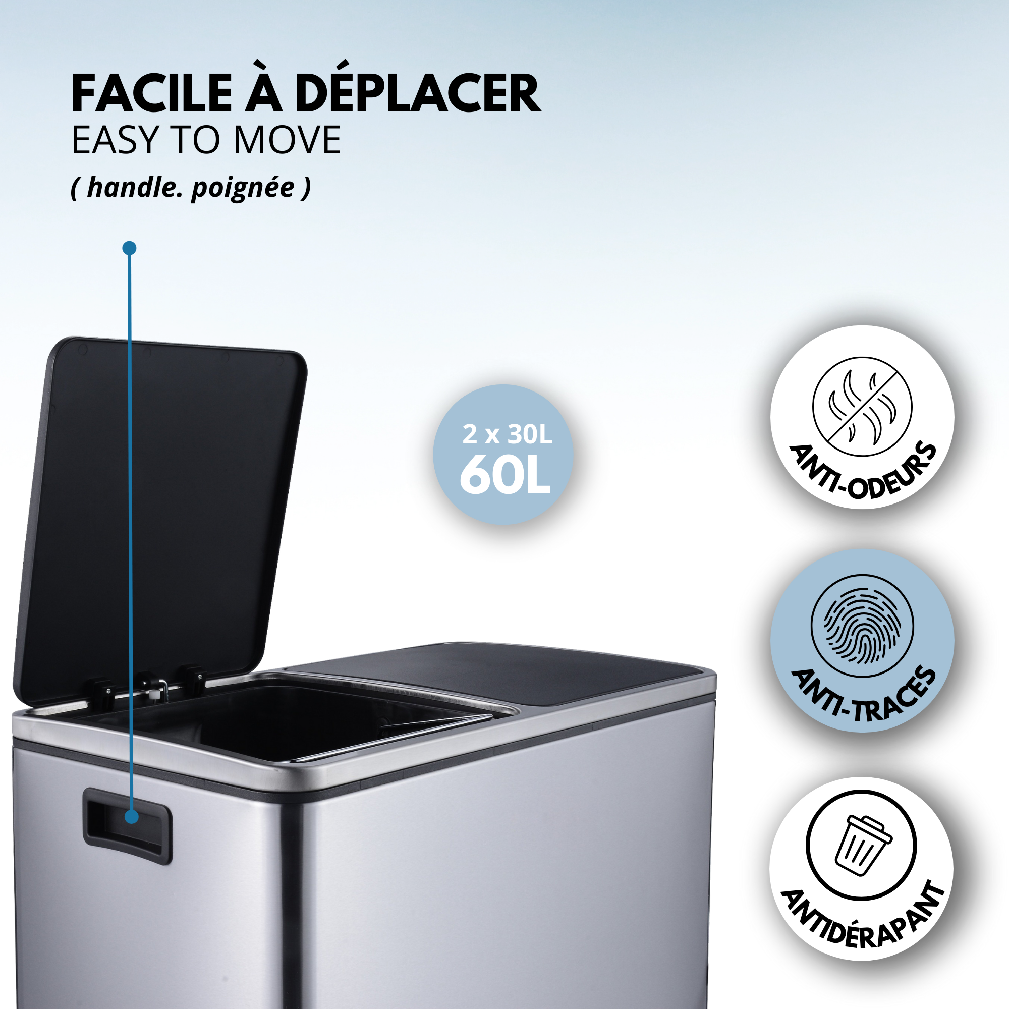 Red Deco Major poubelle cuisine 60L 2x30L inox à pédale