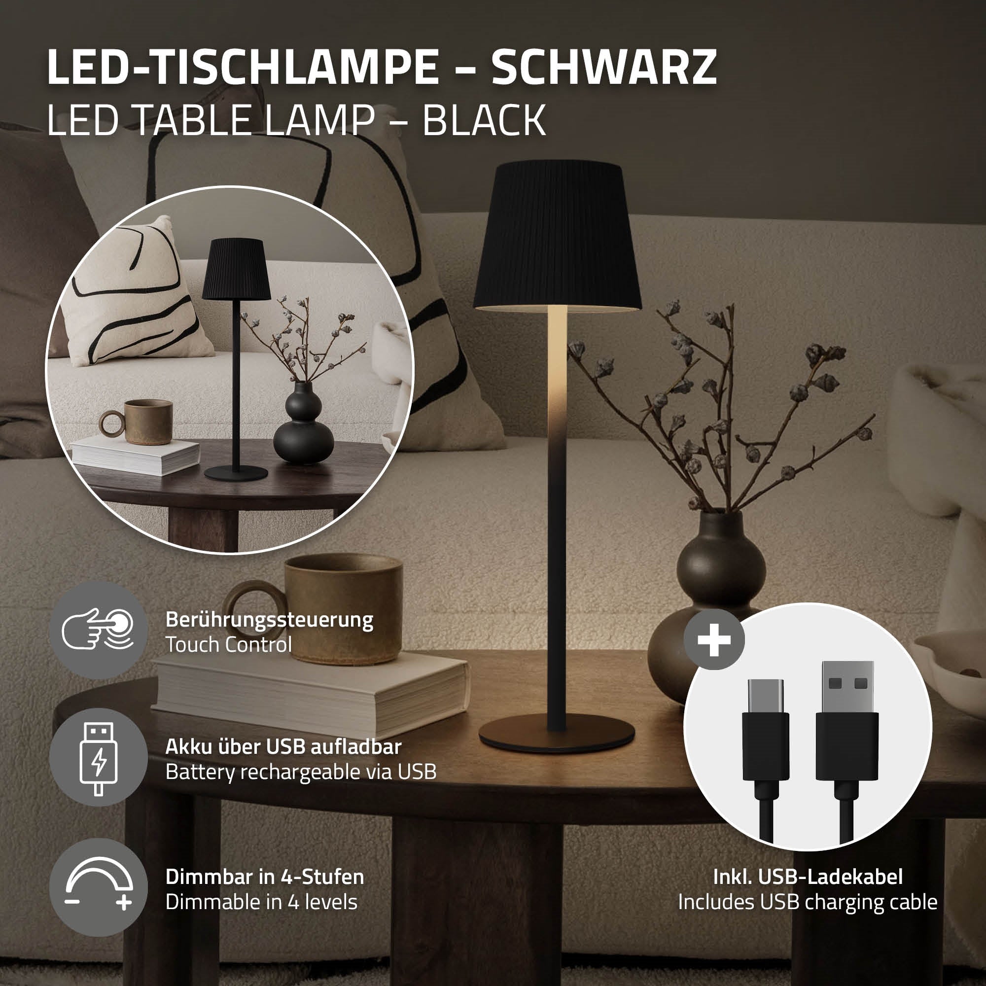 ECD Germany Möbel ML-Design lampe table LED sans fil tactile USB-C noire