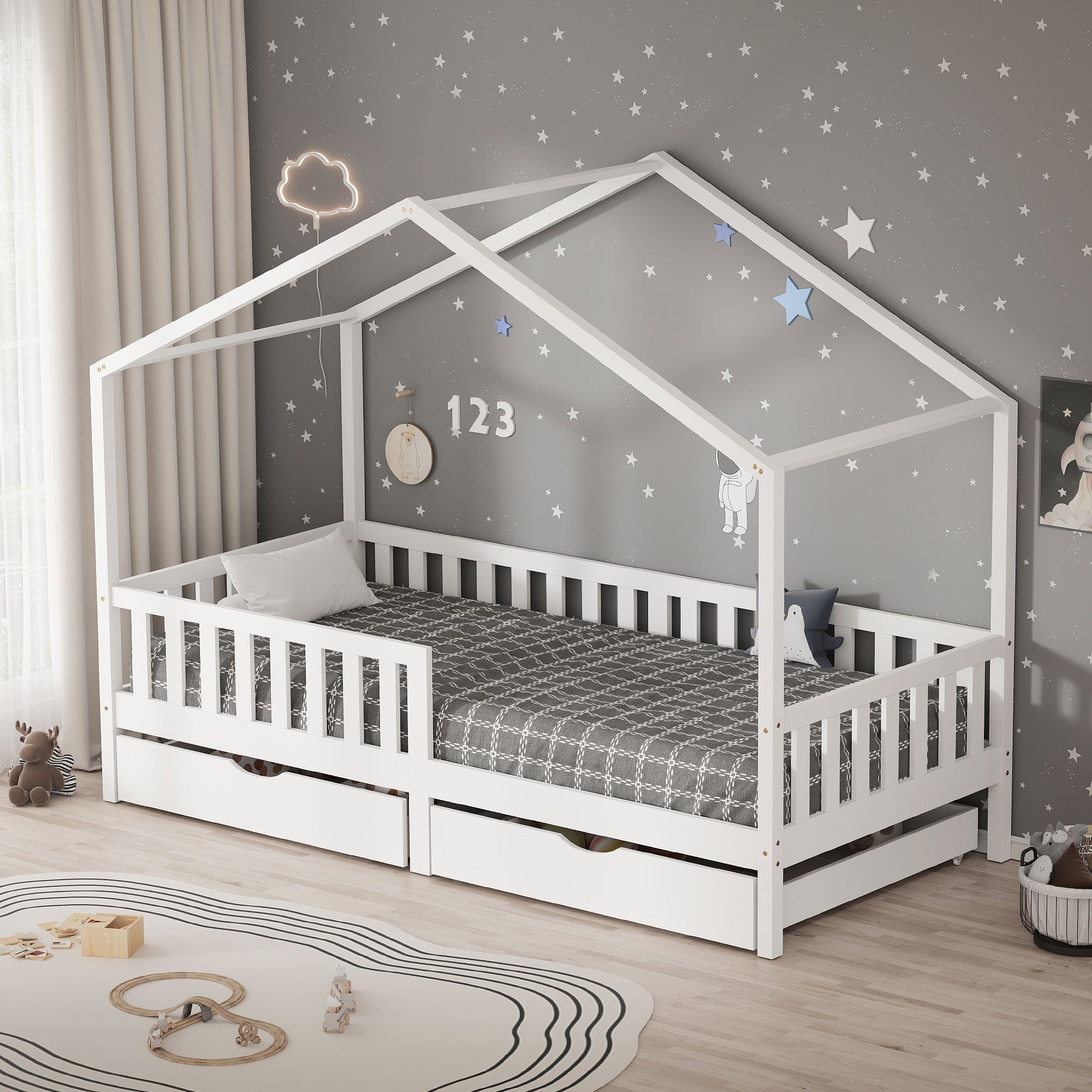 ECD Germany Kinder lit cabane 90x200 blanc 2 tiroirs pin