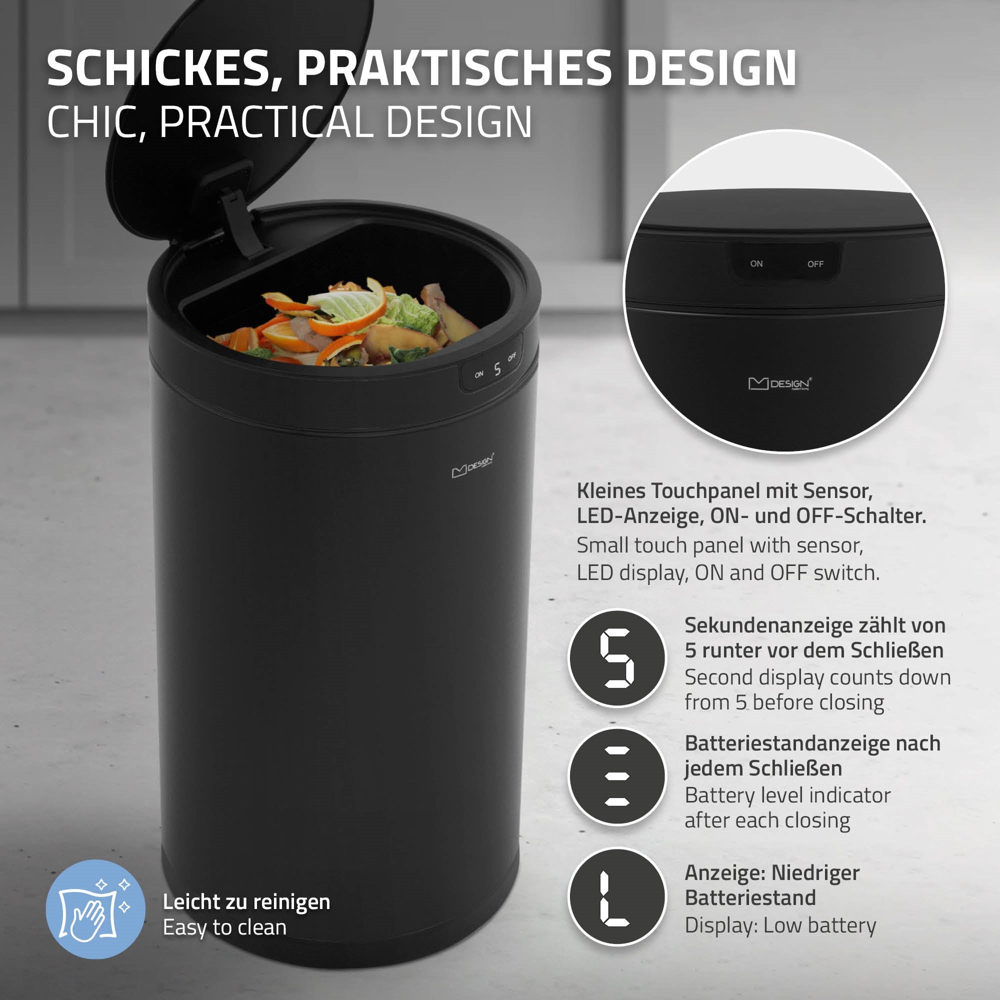 ECD Germany Möbel poubelle capteur 30L acier noir mat ronde