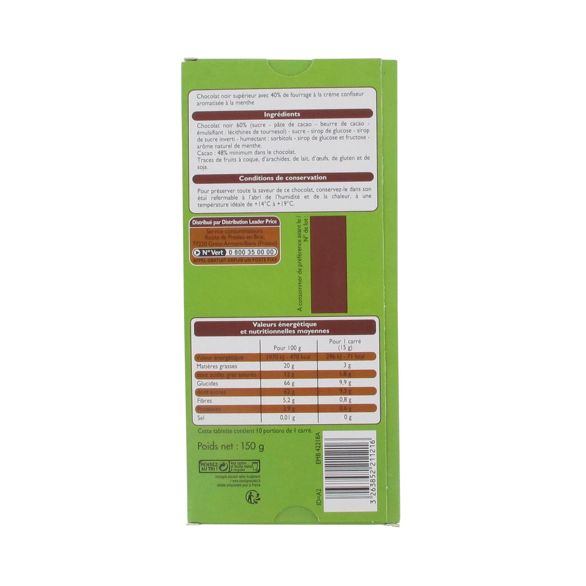 Leader Price Chocolats Chocolat Noir Fourré Menthe 150g Lot 8