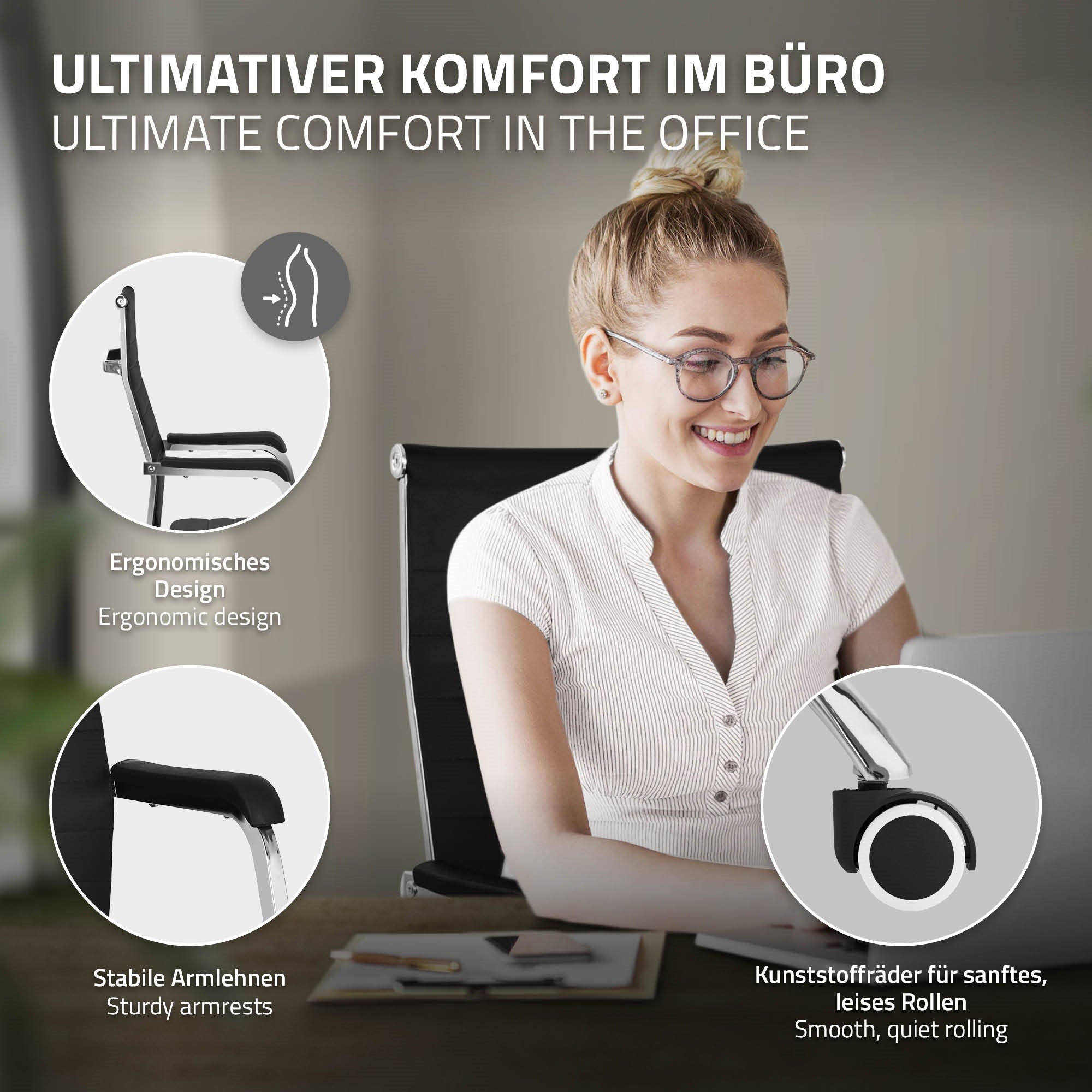 ECD Germany ML-Design chaise bureau noire accoudoirs B-Ware
