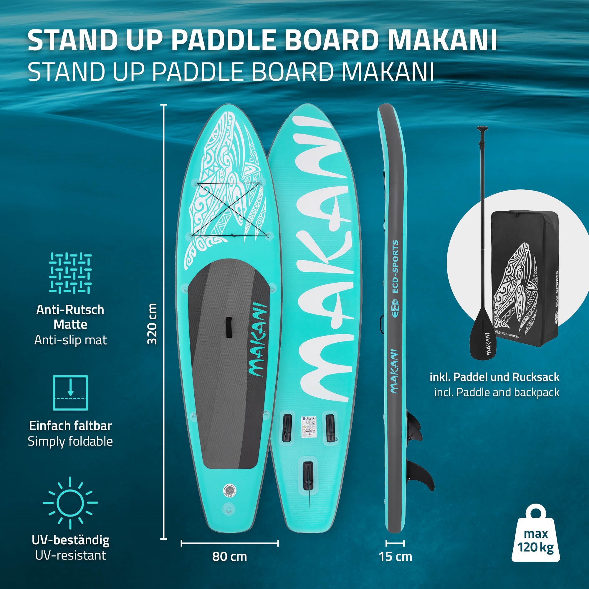 ECD Germany Makani 320 paddle gonflable turquoise 320x80x15