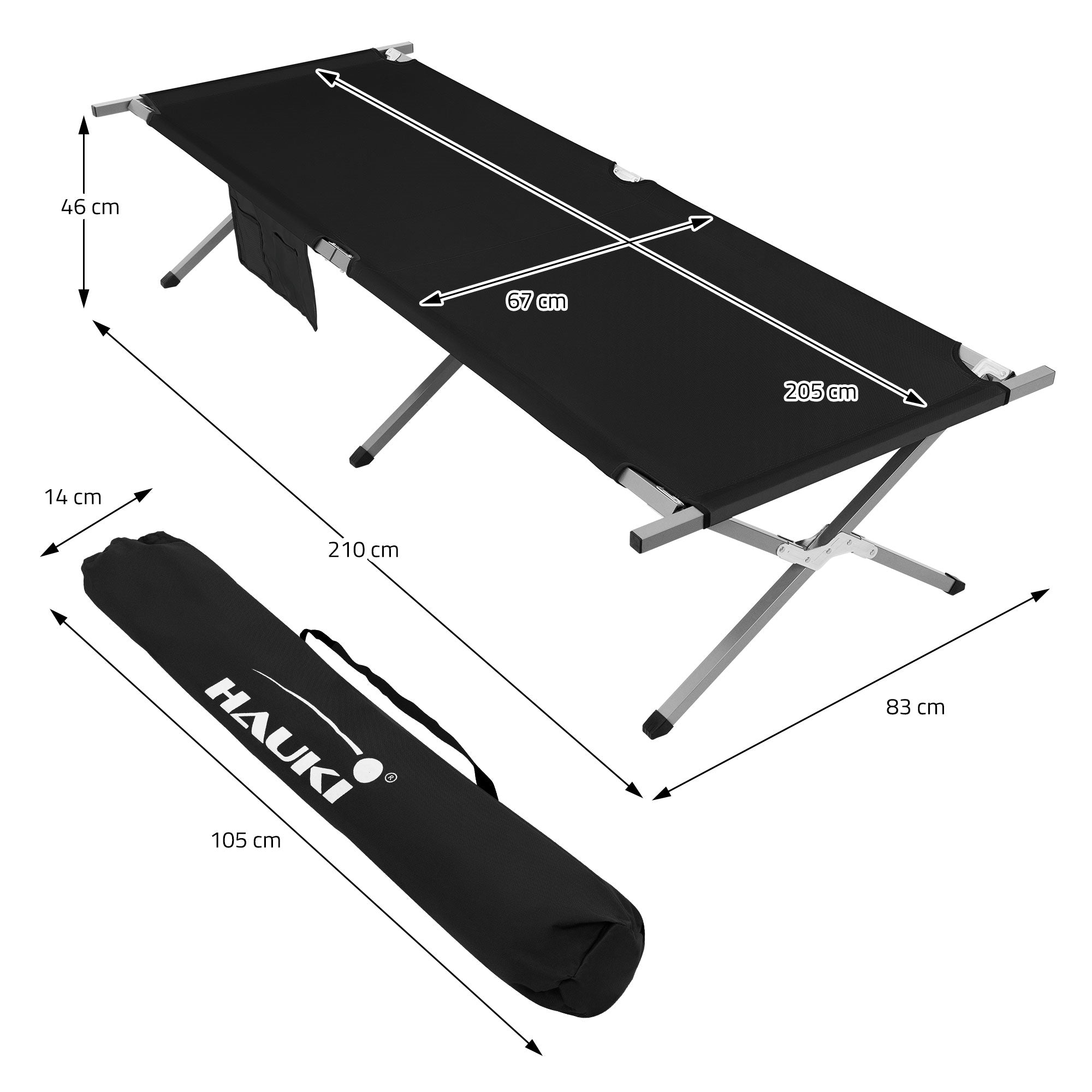 ECD Germany Hauki lit de camp pliant noir 210x83x46 cm 150 kg