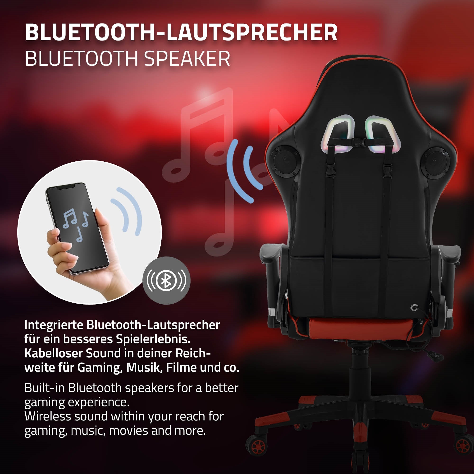 ML-Design chaise gaming similicuir noir rouge LED Bluetooth B-Ware