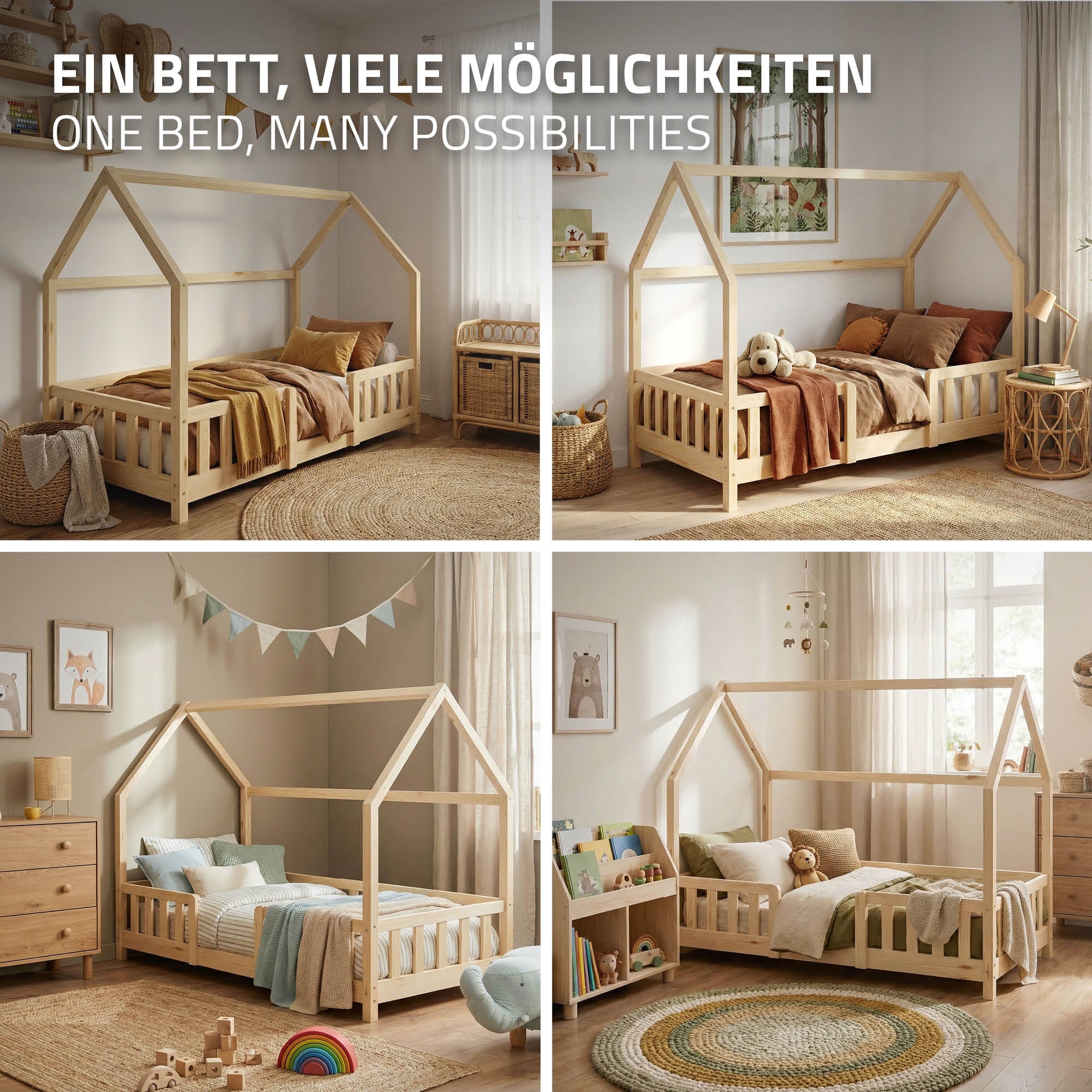 ECD Germany lit cabane enfant 80x160 pin naturel avec matelas