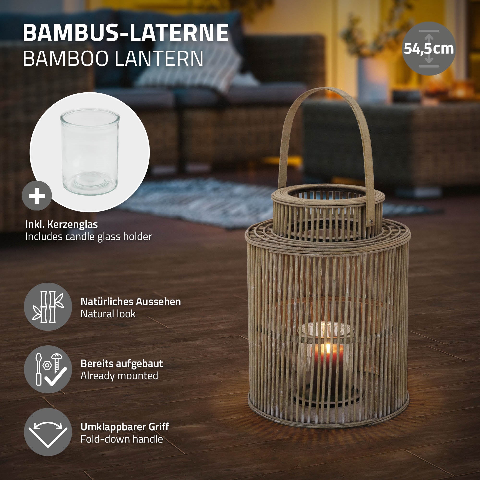 ECD Germany Garten lanterne bambou ronde photophore verre