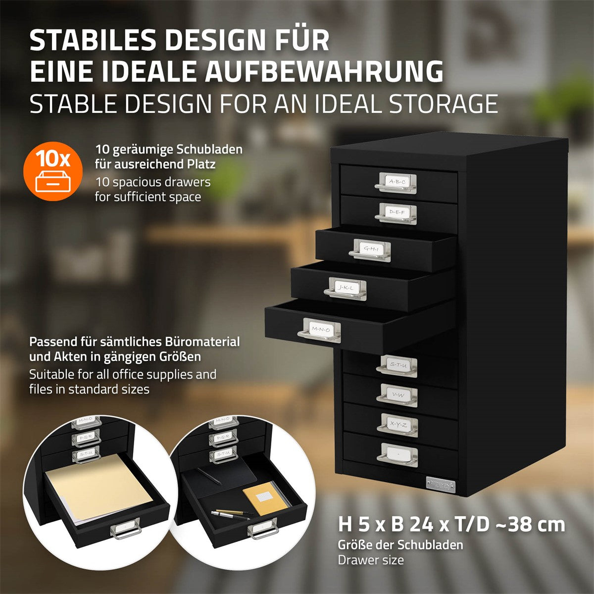 ECD Germany Caisson 10 Tiroirs Bureau Acier Noir 28x38x60 cm