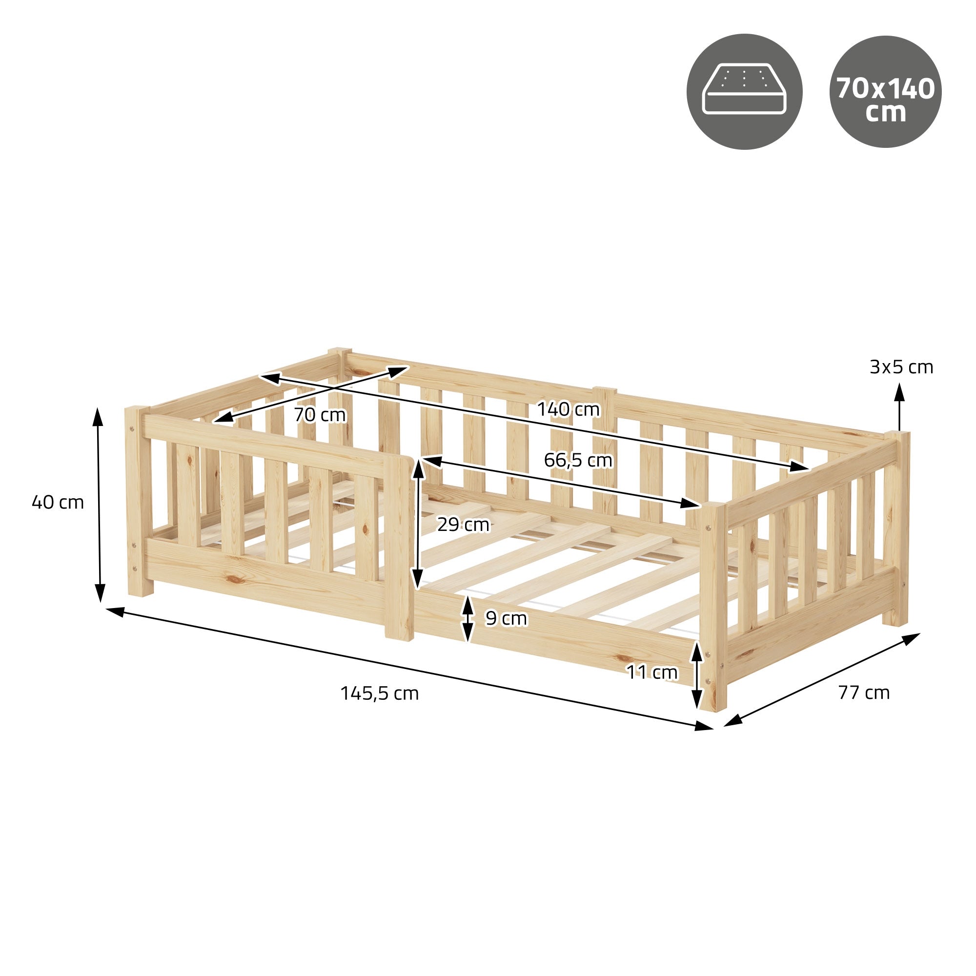 ECD Germany Lit Enfant 70x140 Pin Naturel Barrière Sommier