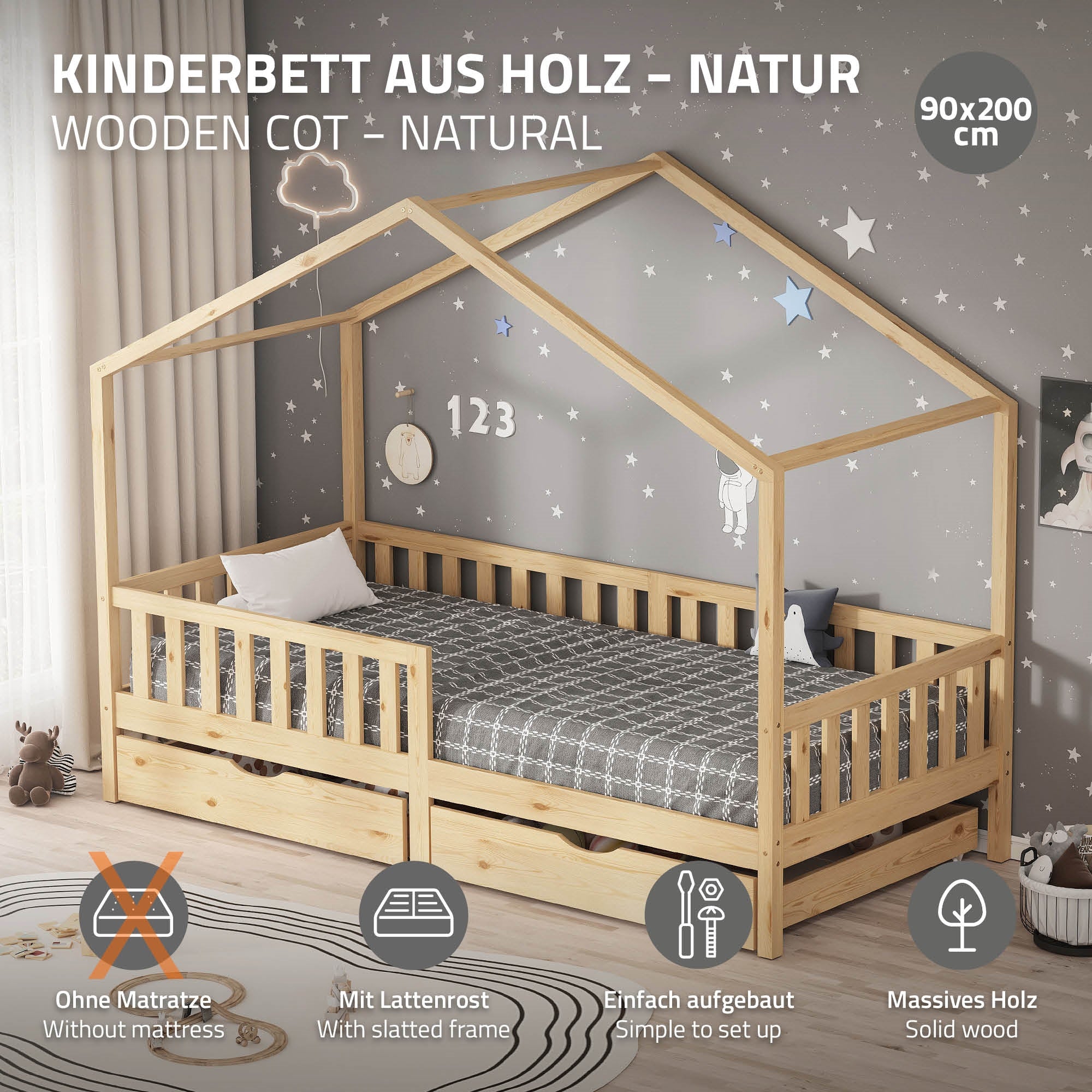 ECD Germany Lit cabane enfant nature 90x200 + 2 tiroirs