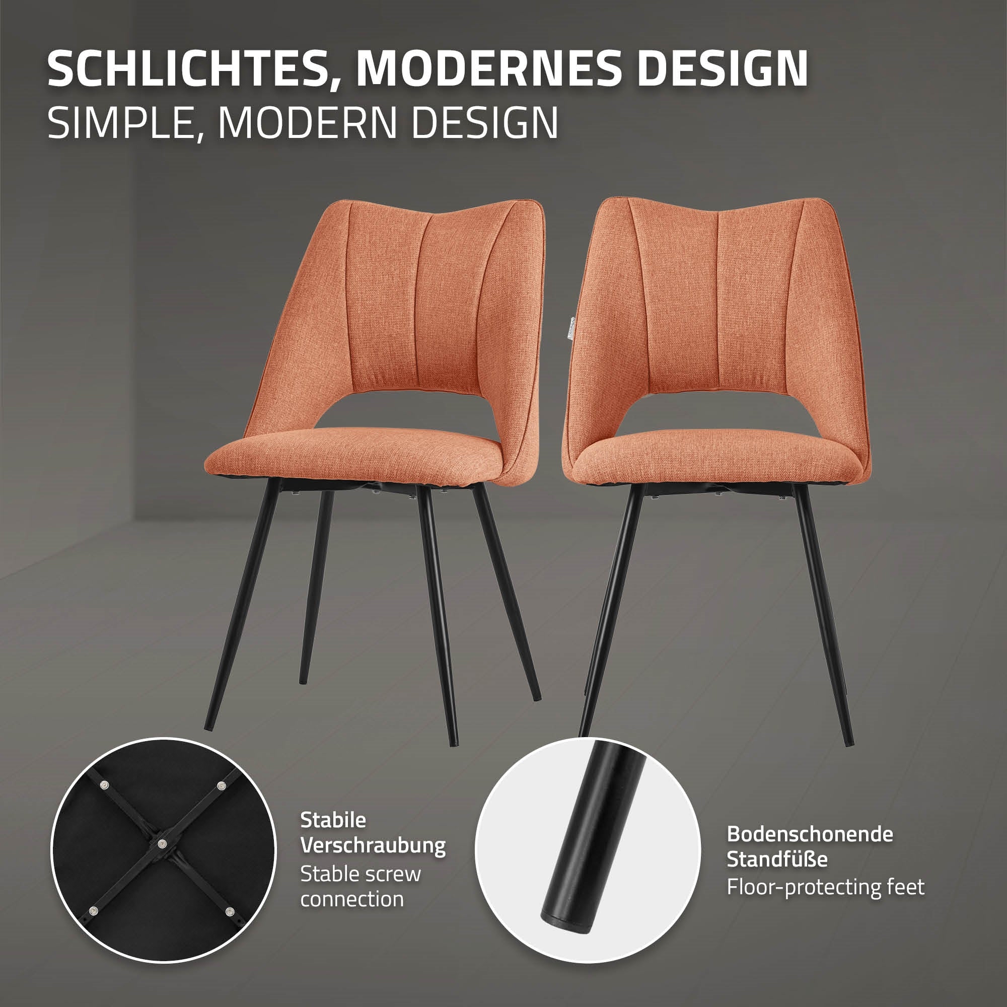 ECD Germany Möbel chaise salle à manger orange lot de 4 rembourrée