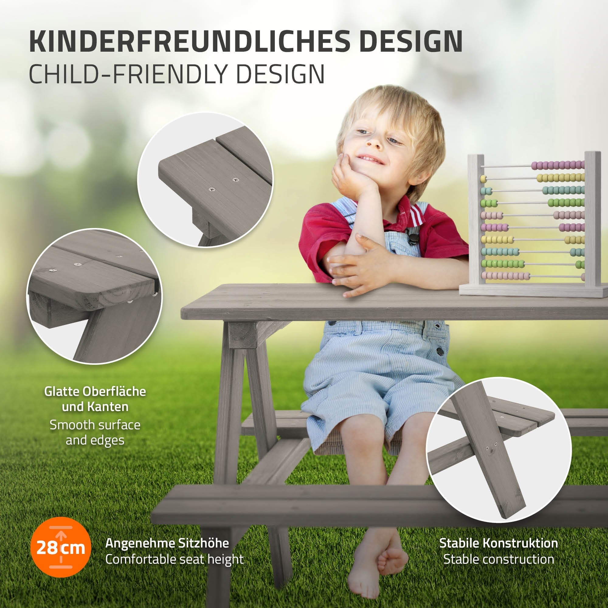 ML-Design table pique-nique enfant bois massif 4 places marron / gris