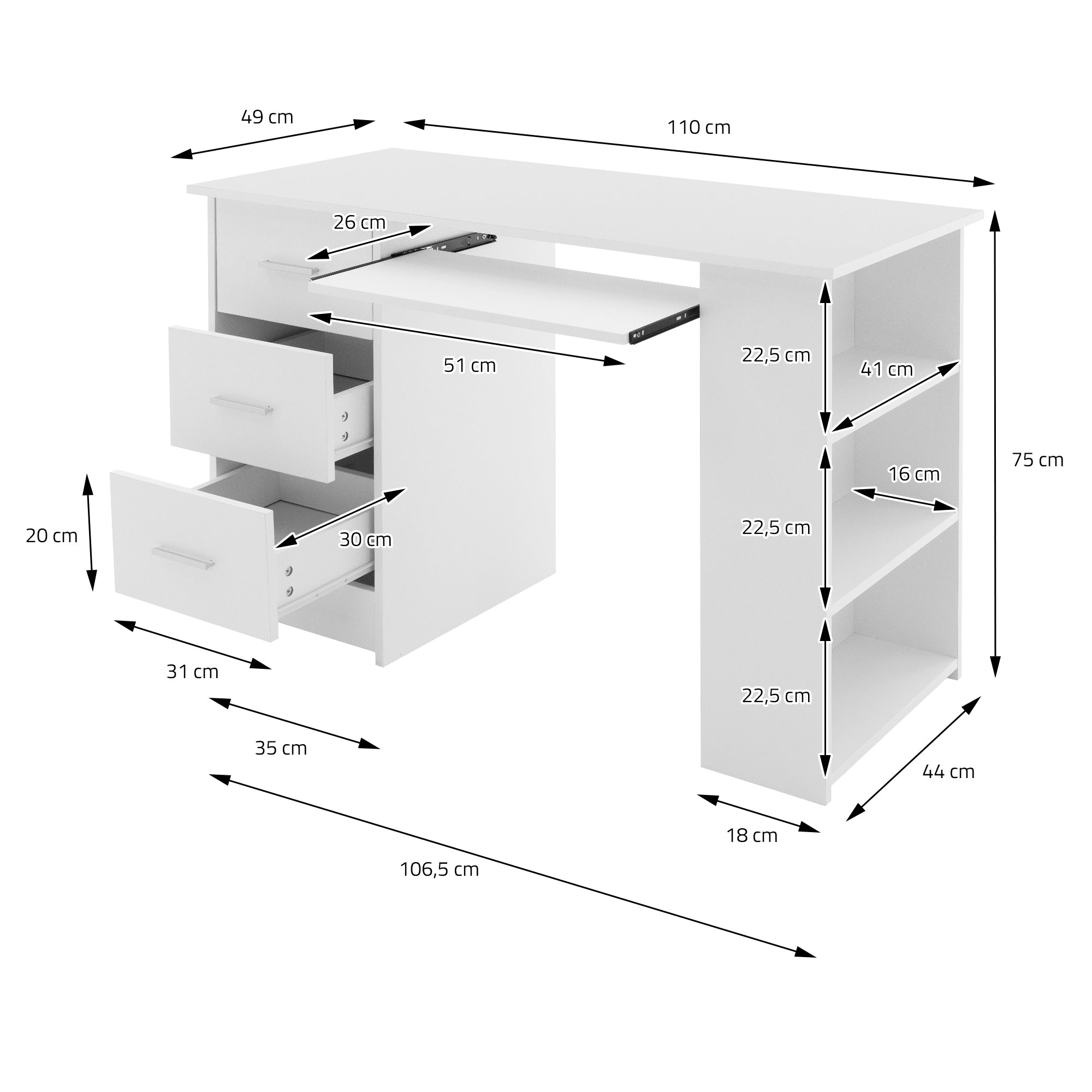 ECD Germany ML-Design bureau blanc 110x49x75 3 tiroirs