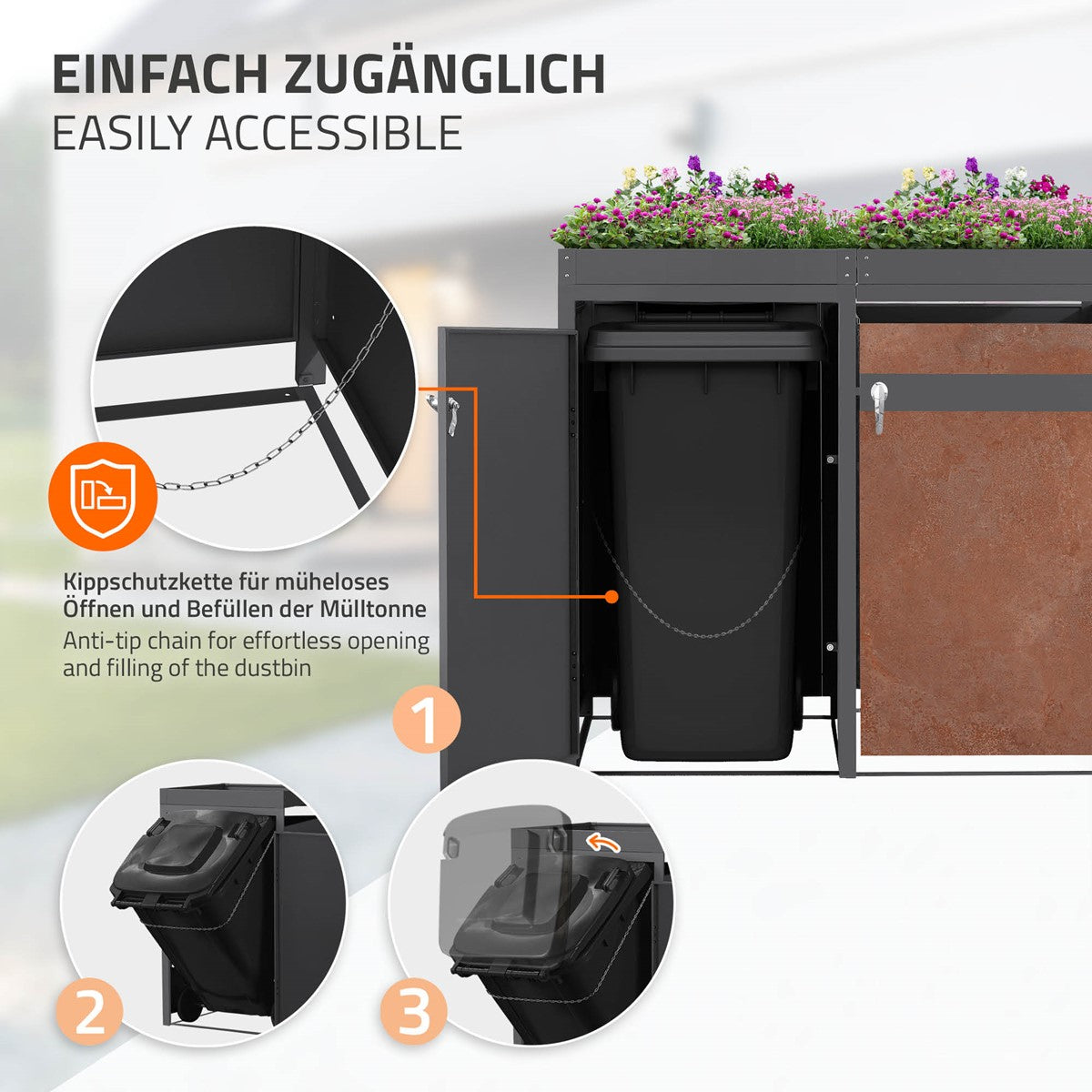 ECD Germany Garten Cache-poubelle triple rouille 200 cm