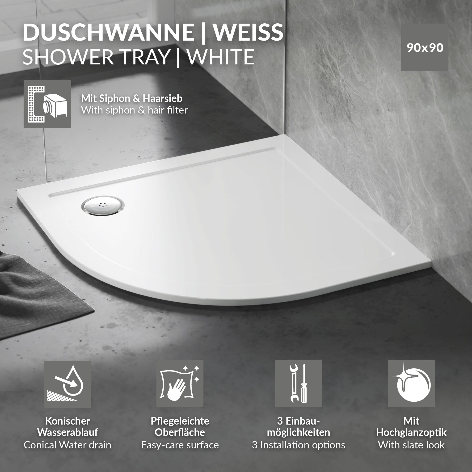 ECD Germany LuxeBath 90x90 receveur de douche blanc rond SMC