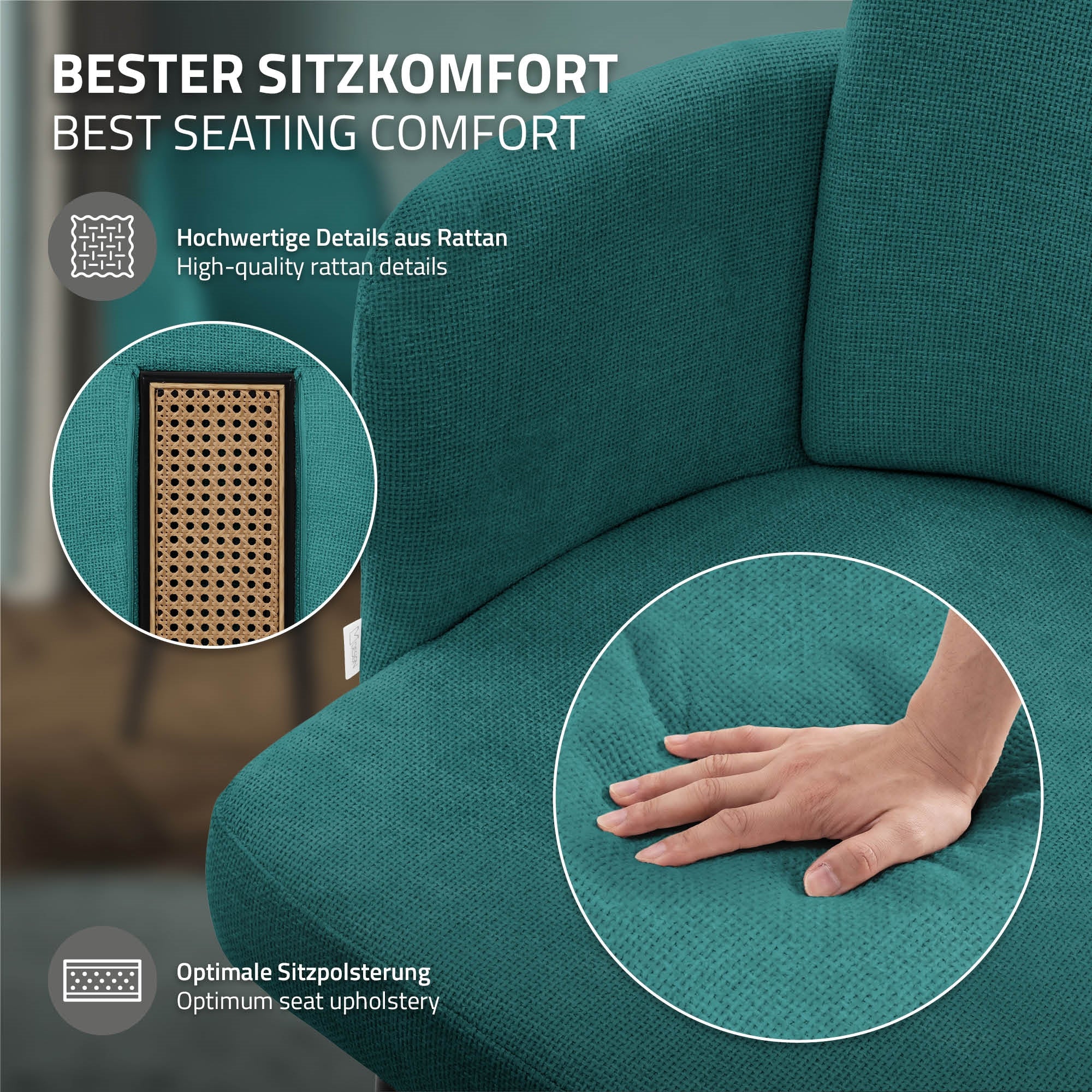 ECD Germany ML-Design Chaise rembourrée pétrole métal lot de 2