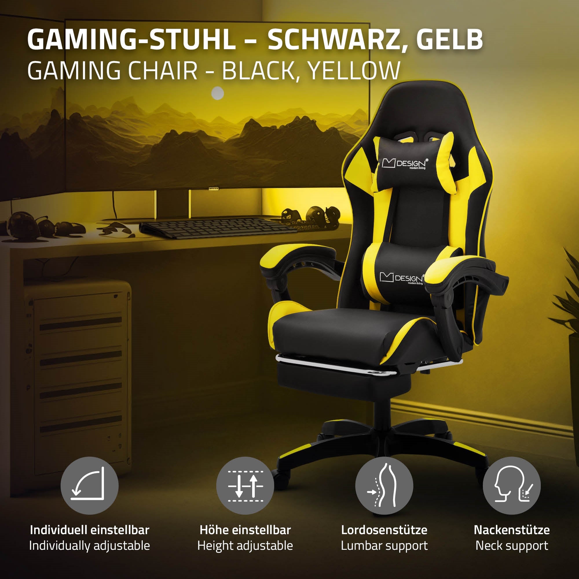 ECD Germany Möbel chaise gaming noir-jaune similicuir repose-pieds