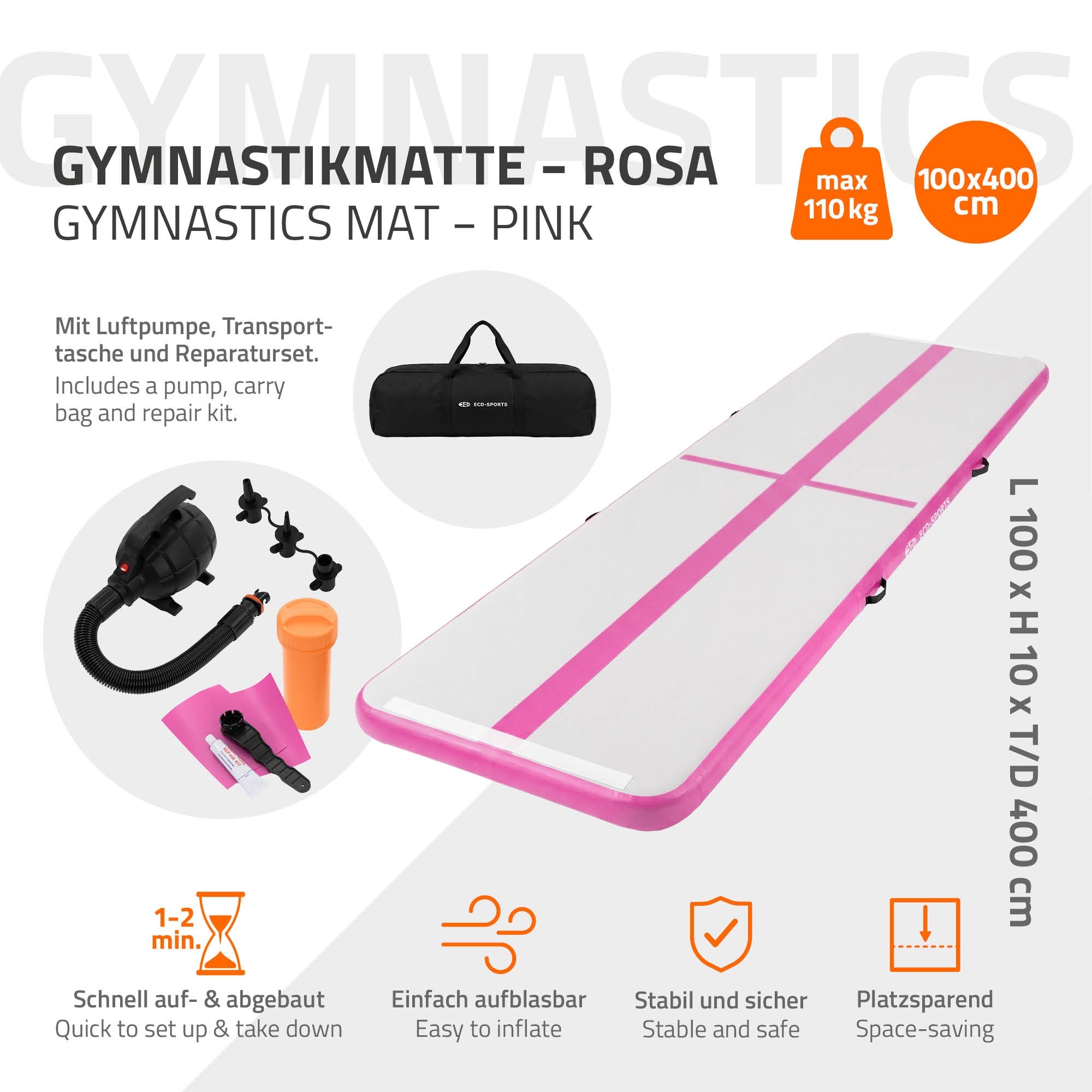 ECD Germany Sport tapis gym gonflable mint 400x100x10 cm pompe