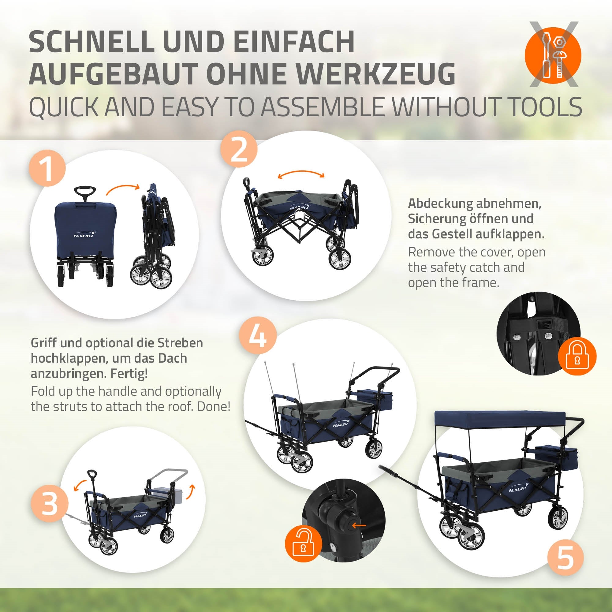 Hauki chariot pliable avec toit bleu/gris 120 kg + sac