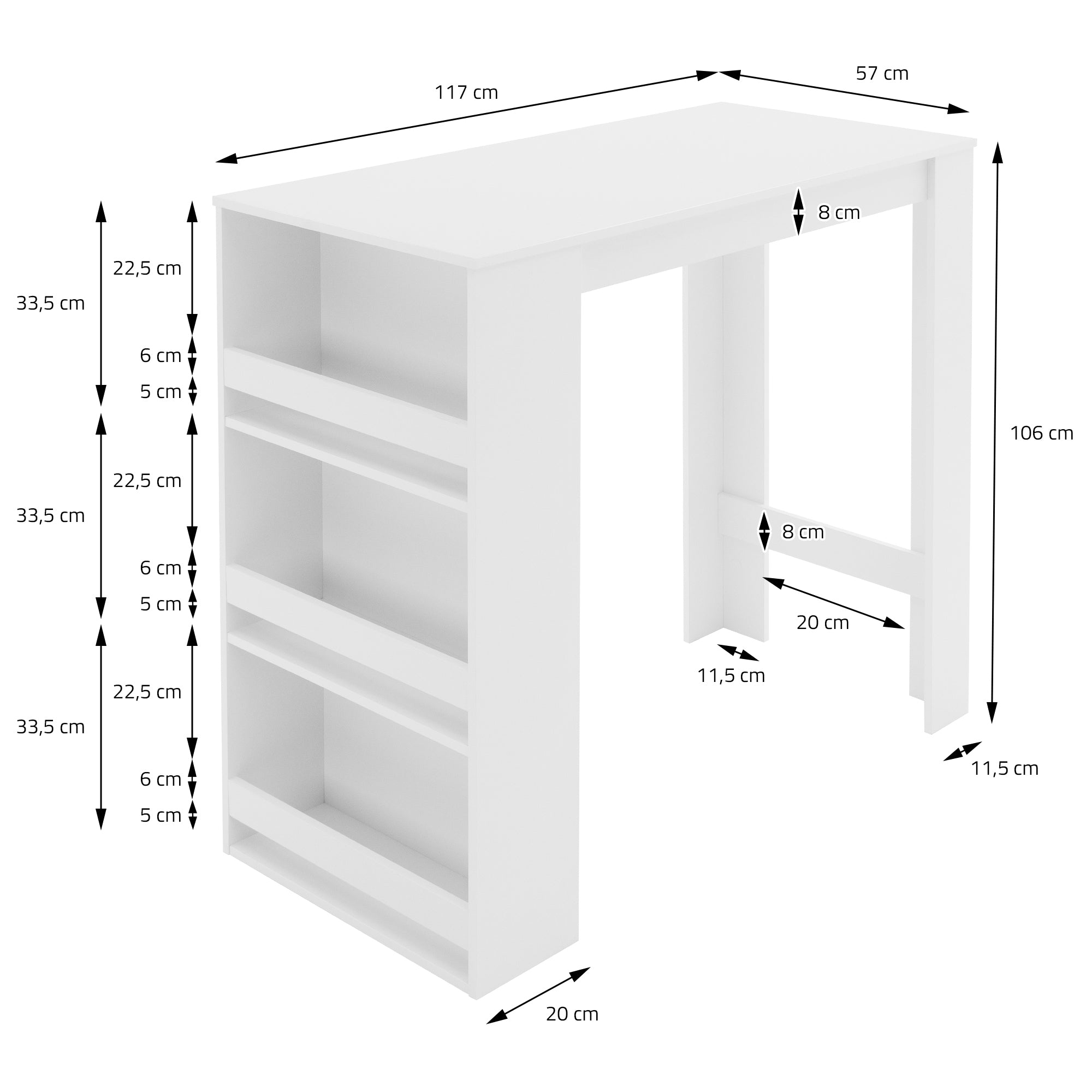 ML-Design table bar blanche 117cm bois 3 étagères