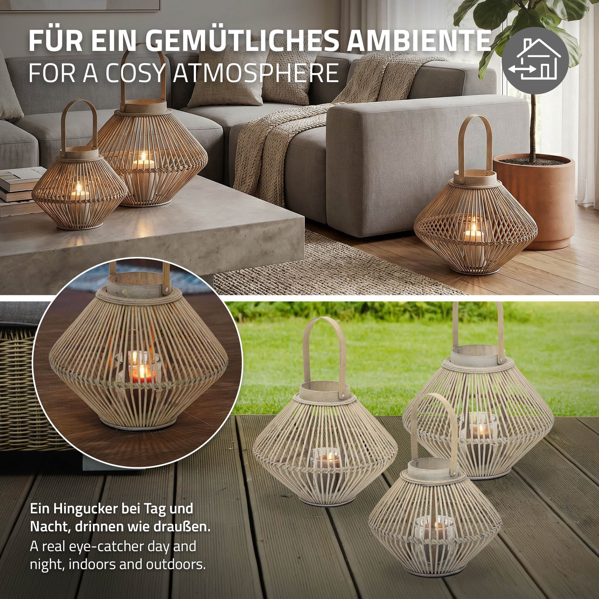 ECD Germany Garten lanterne bambou 47 cm bois tressé