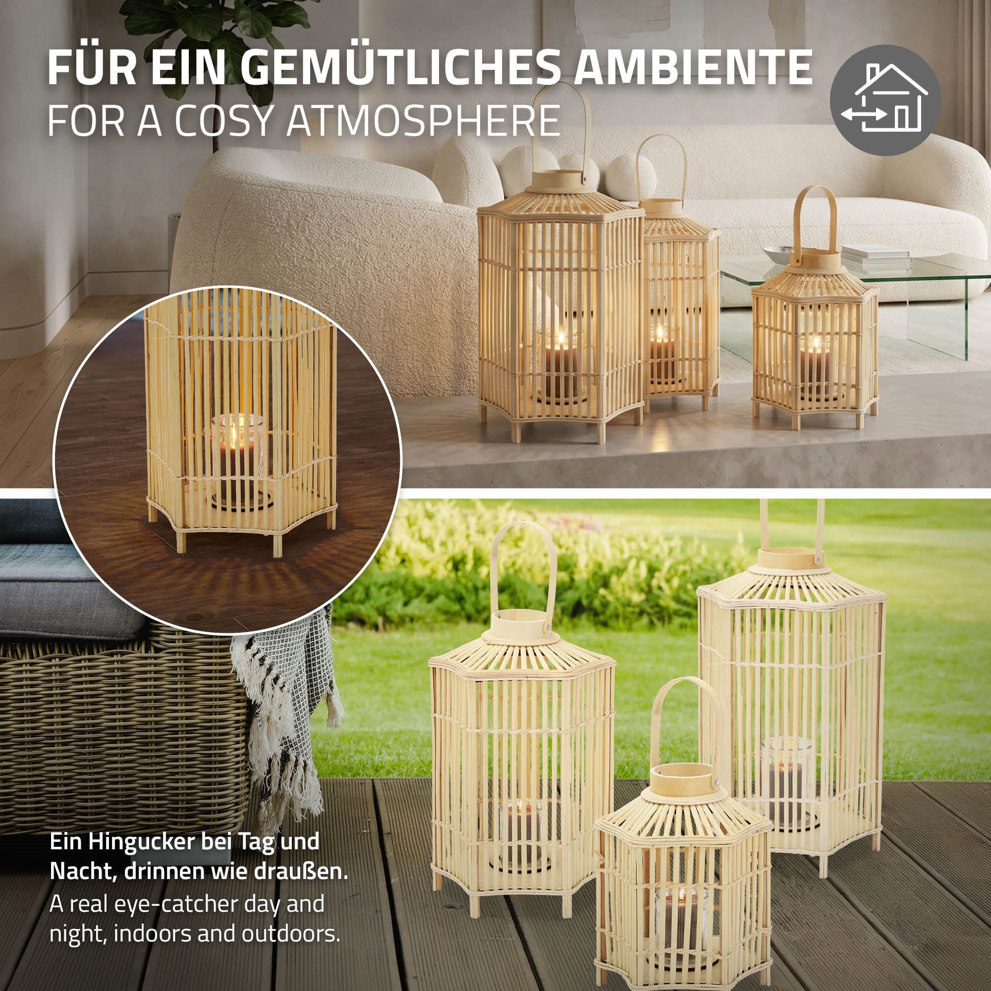 ECD Germany Garten Lanterne Bambou 75 cm Bois