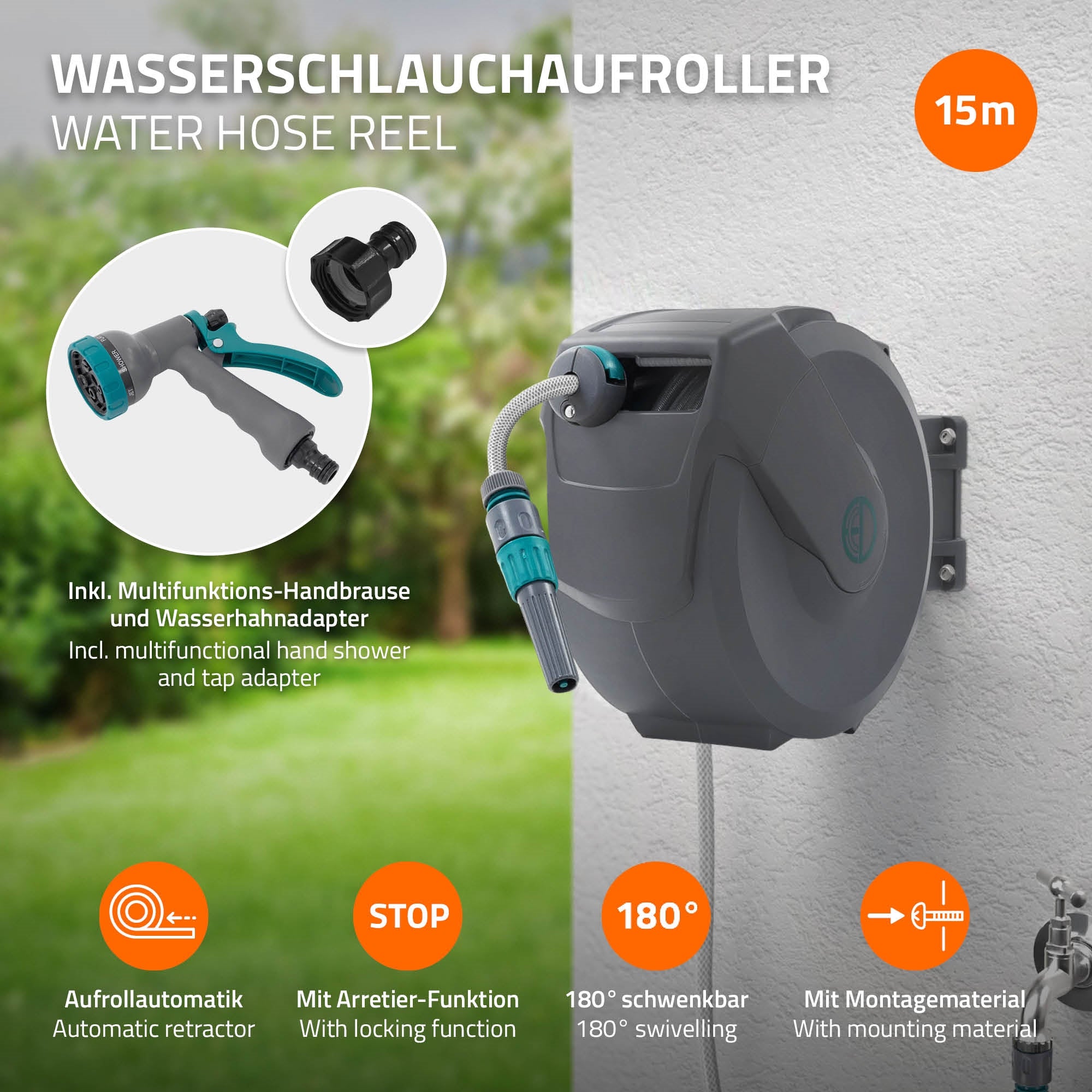 ECD Germany Garten enrouleur tuyau 15 m mural auto 7 jets