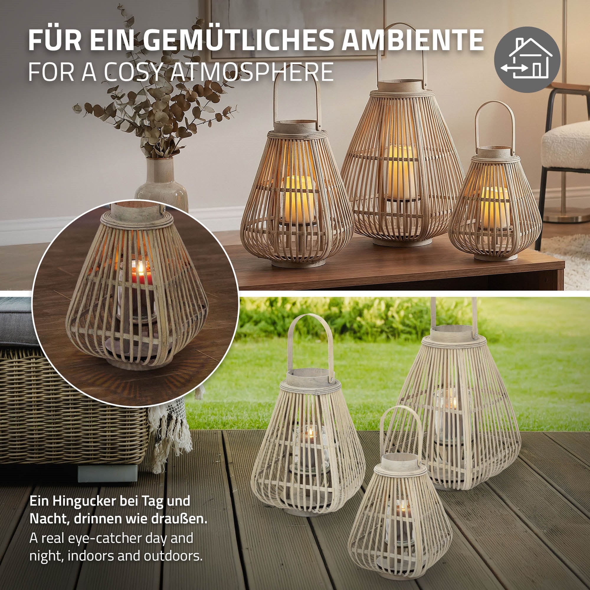 ECD Germany Garten lanterne bambou 42,5cm verre vent boho