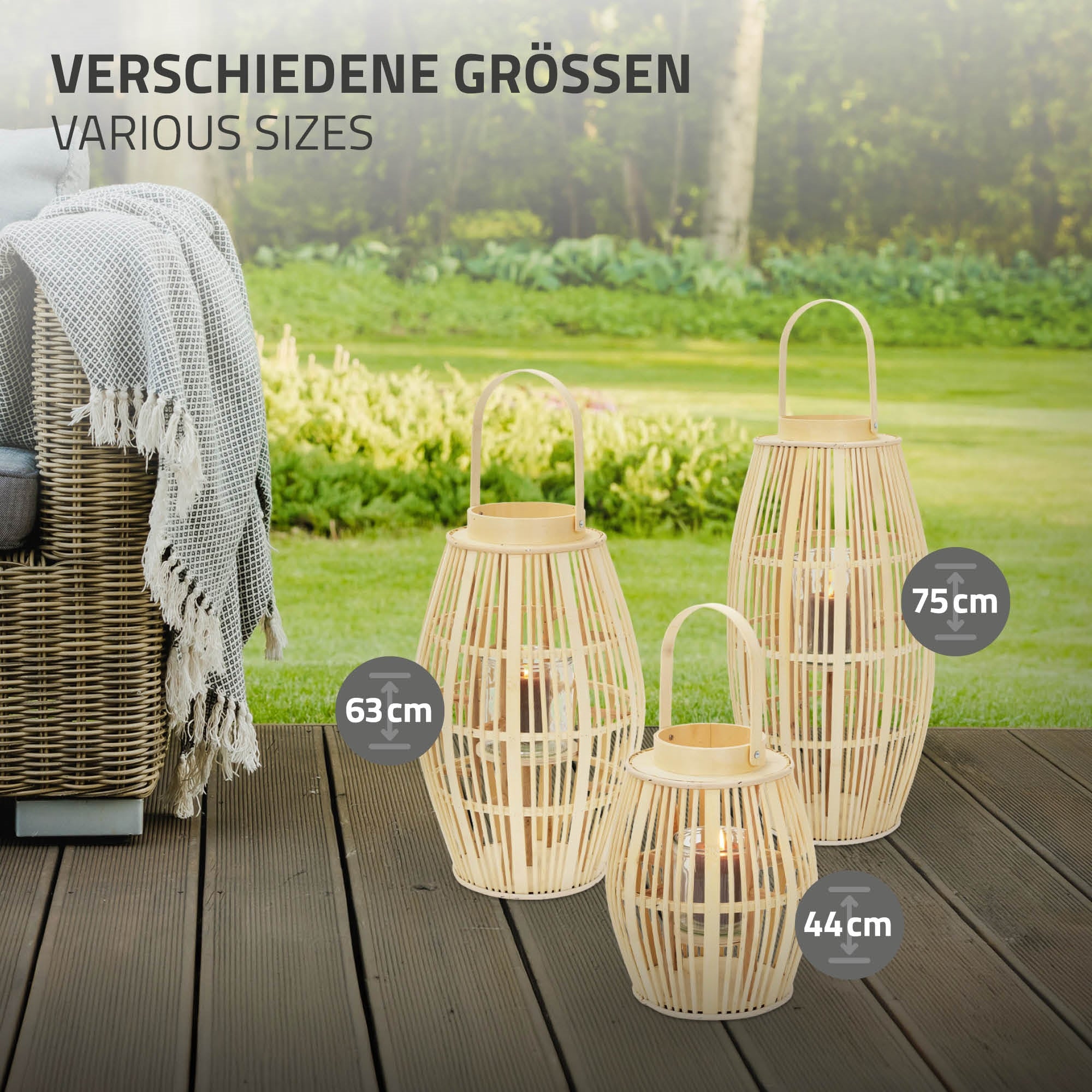 ECD Germany lanterne bambou ovale verre anse nature/gris