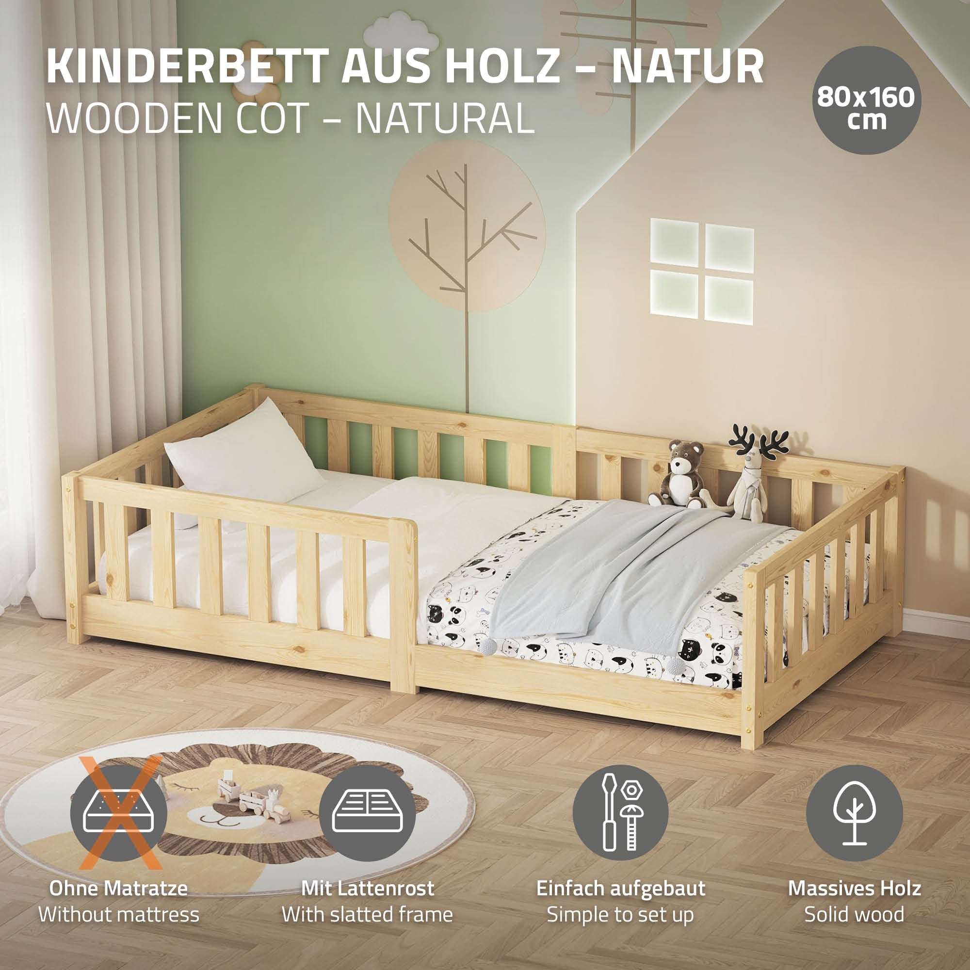 ECD Germany Kinder lit enfant 80x160 pin naturel sans matelas