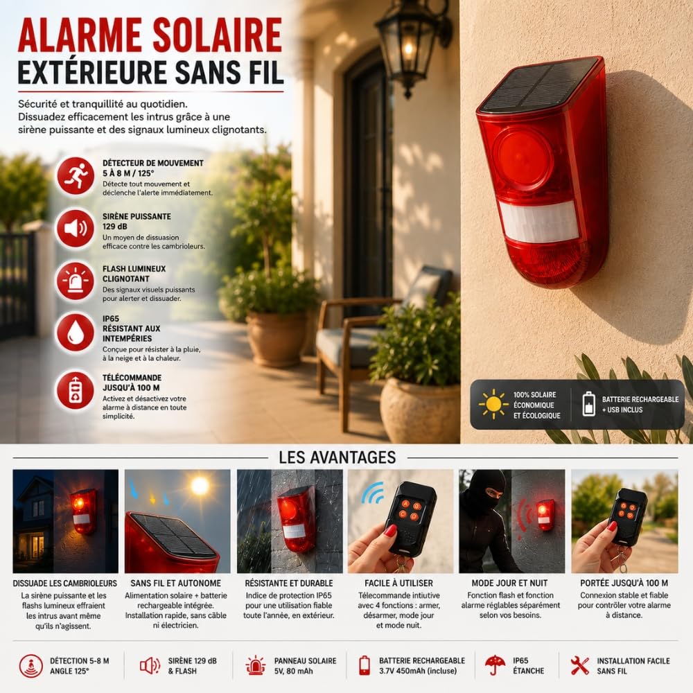 Shop-Story Bricolage Alarme Solaire Extérieure 129 dB + Télécommande