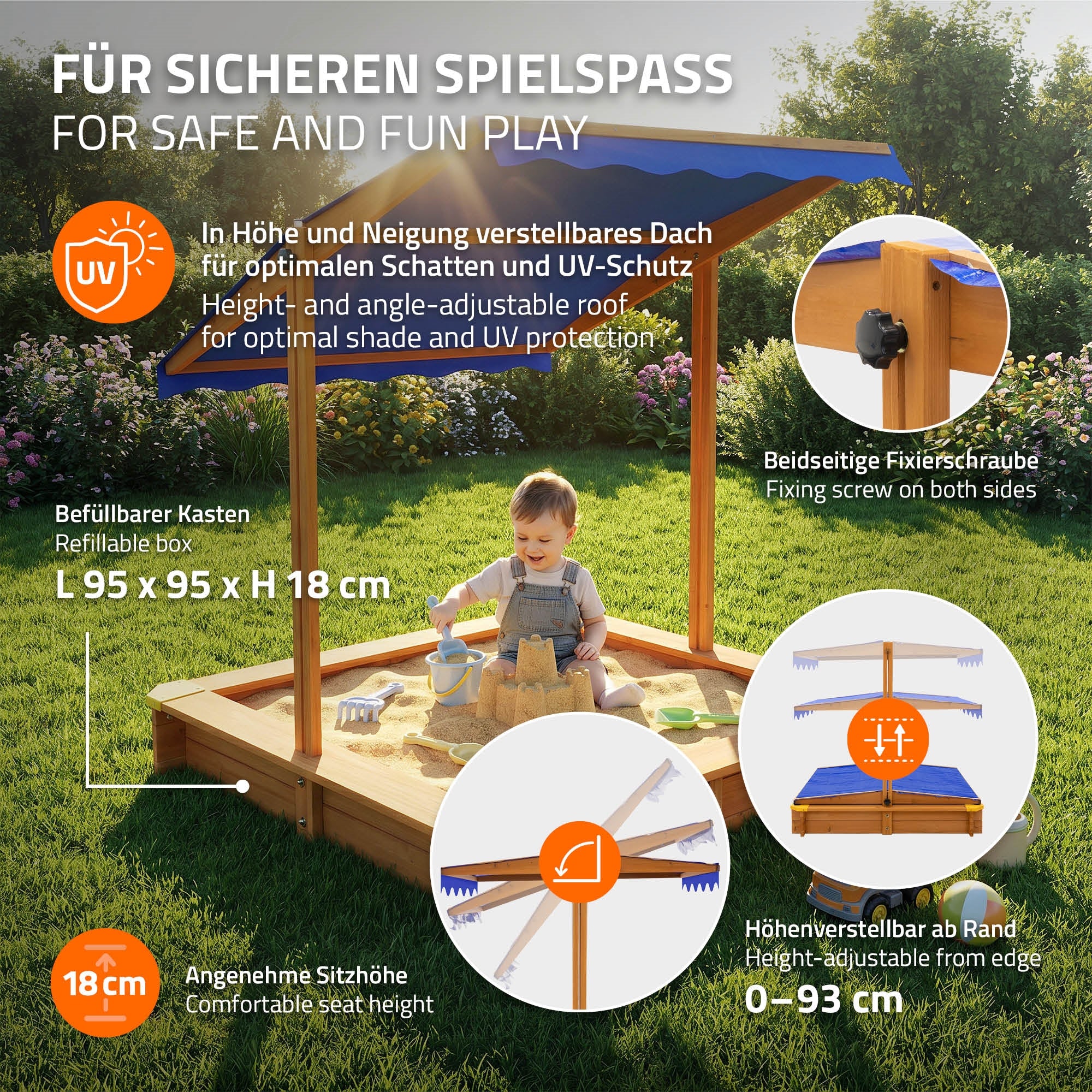 ECD Germany Kinder bac à sable bois avec toit 118x118 cm UV50