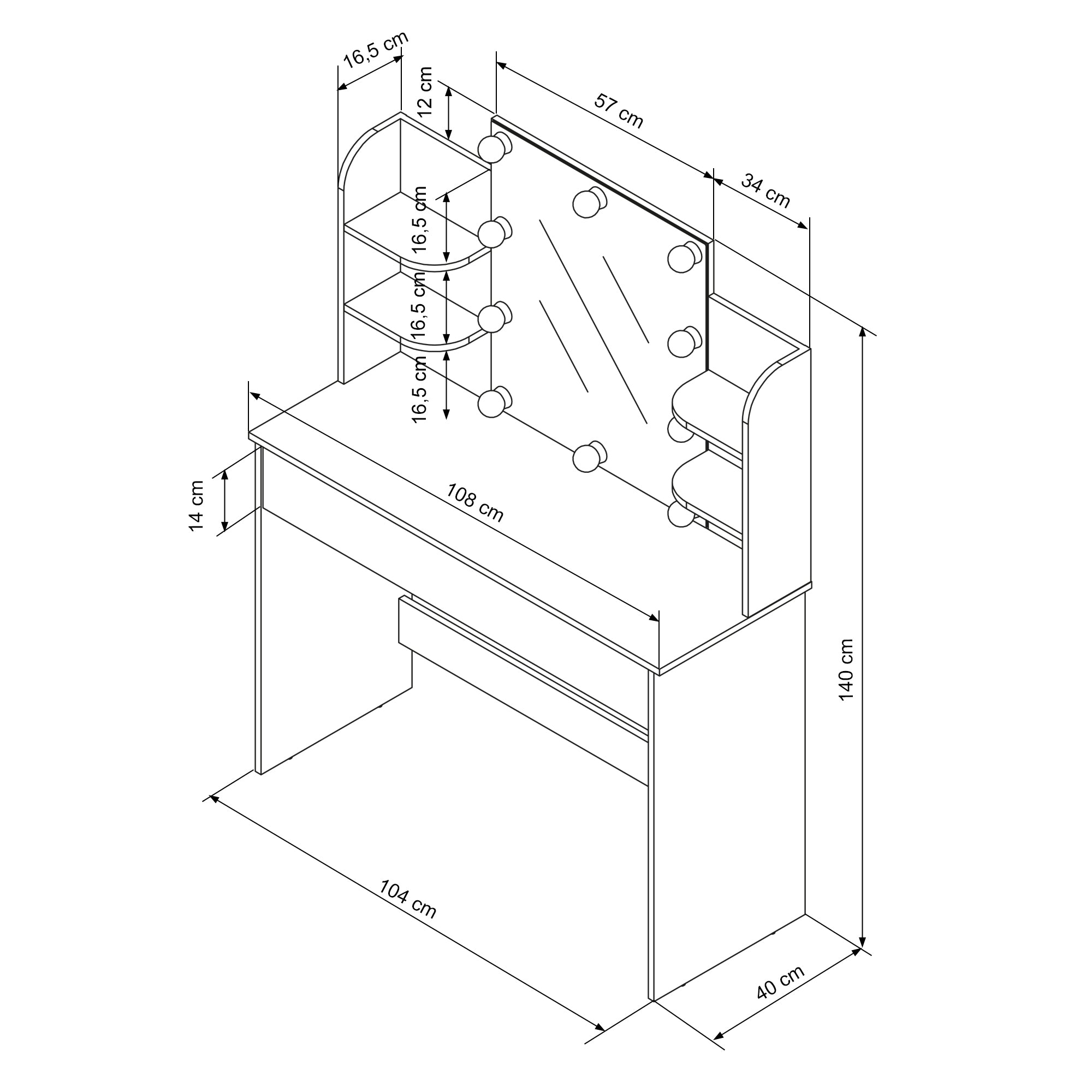 ECD Möbel coiffeuse noire LED 108 cm miroir tiroir